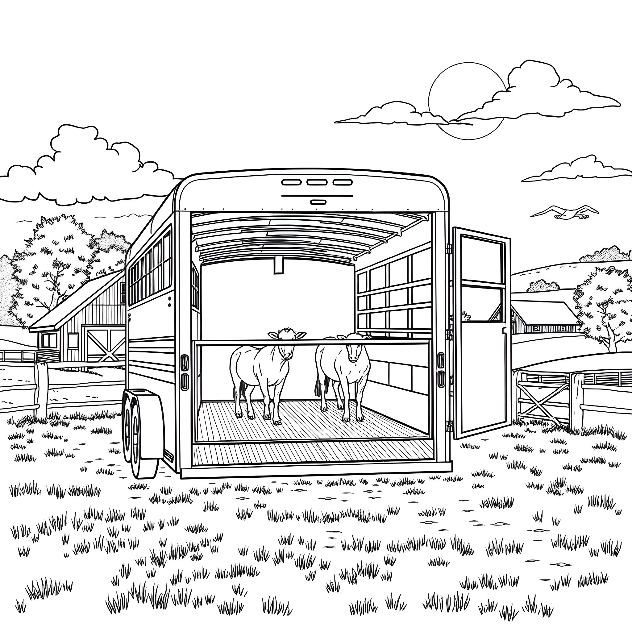 Gooseneck Trailer with Horses in the Countryside Coloring Page (free black-and-white line drawing printable PDF for all, from beginners to advanced learners, including children, teens, adults, and seniors)
