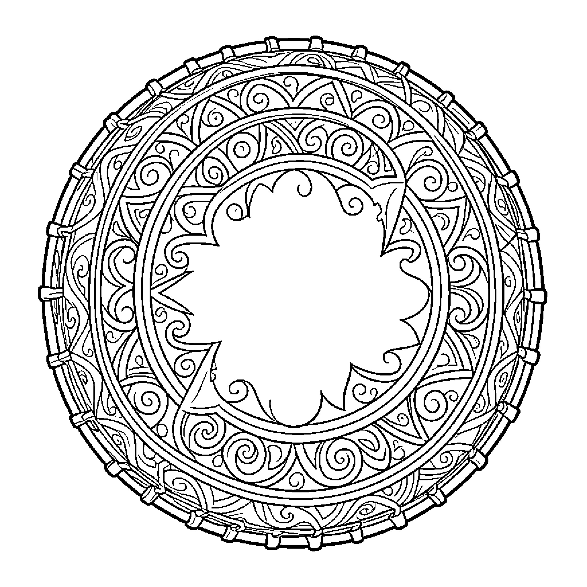 Tambor with Intricate Ornamental Design Coloring Page (free black-and-white line drawing printable PDF for all, from beginners to advanced learners, including children, teens, adults, and seniors)