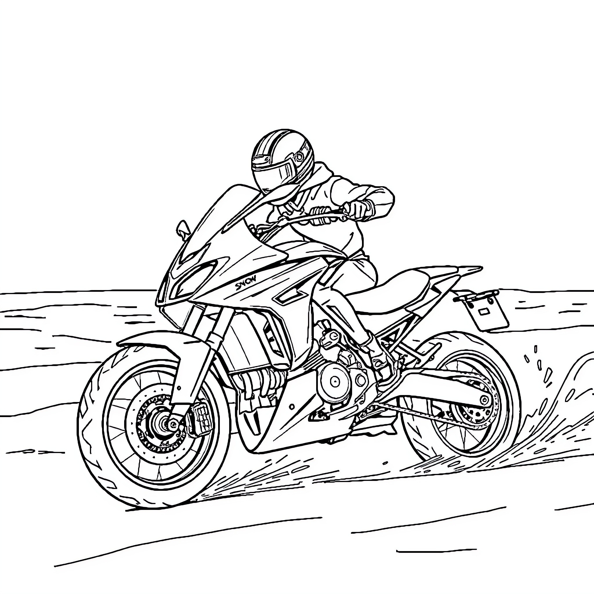 Sport Bike Rider Speeding Across Desert Terrain Coloring Page (free black-and-white line drawing printable PDF for all, from beginners to advanced learners, including children, teens, adults, and seniors)