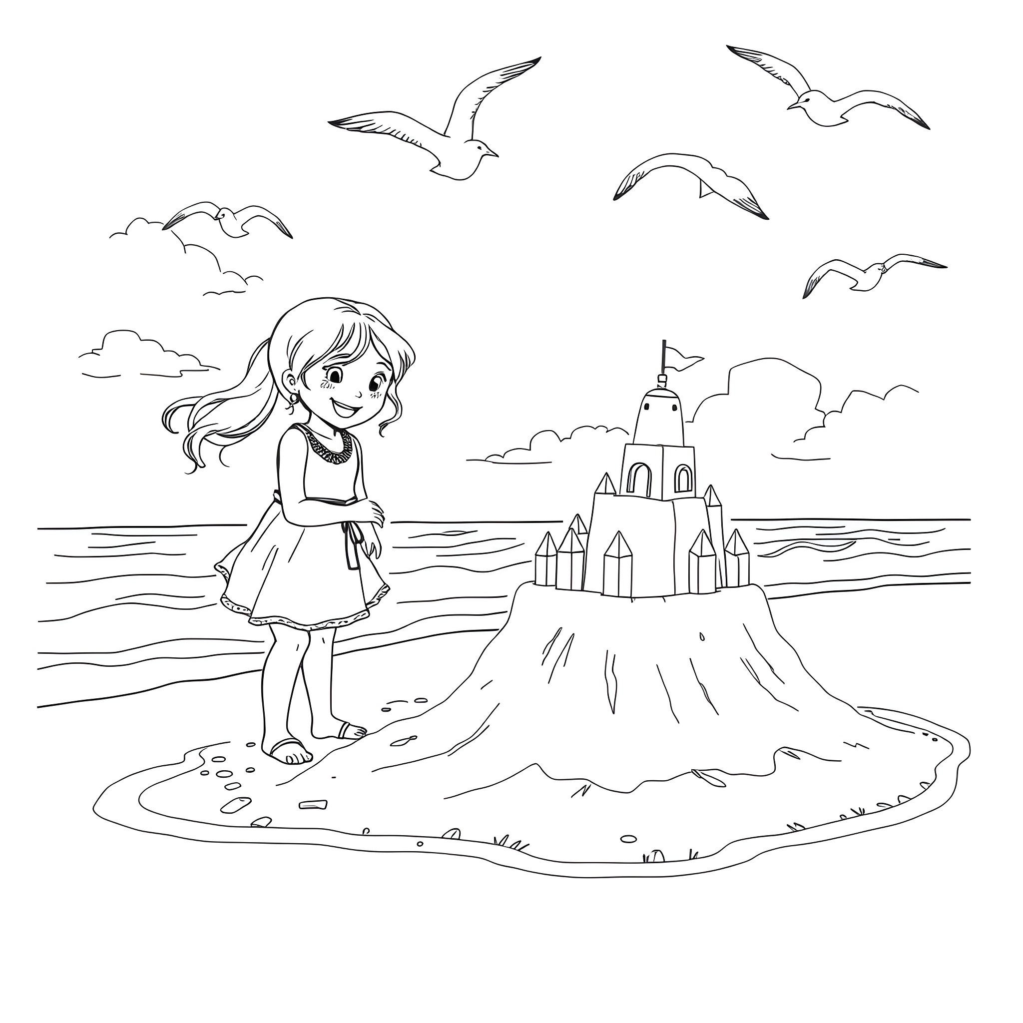 Girl Building a Sandcastle by the Beach Coloring Page (free black-and-white line drawing printable PDF for all, from beginners to advanced learners, including children, teens, adults, and seniors)