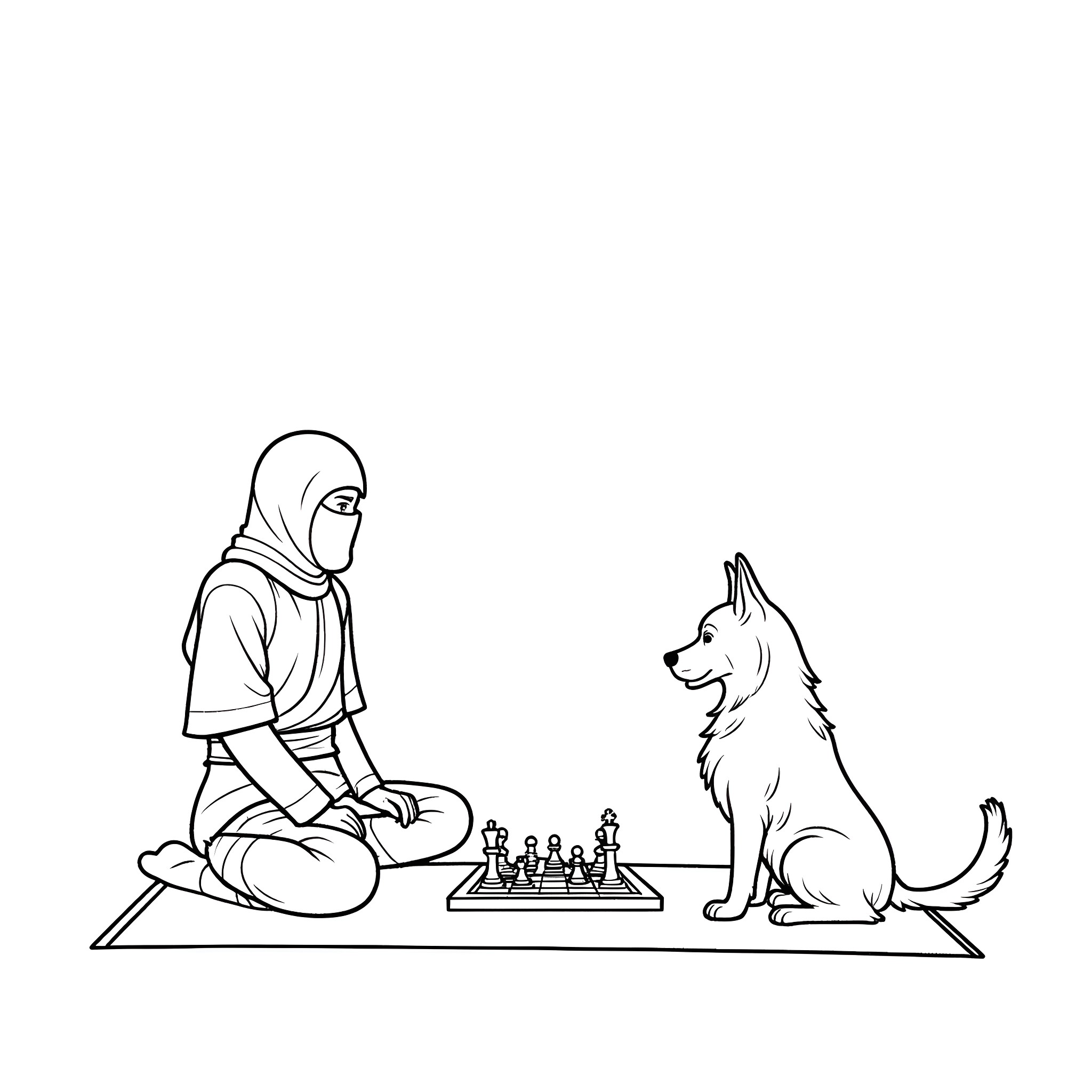 Ninja playing chess with loyal companion Coloring Page (free black-and-white line drawing printable PDF for all, from beginners to advanced learners, including children, teens, adults, and seniors)