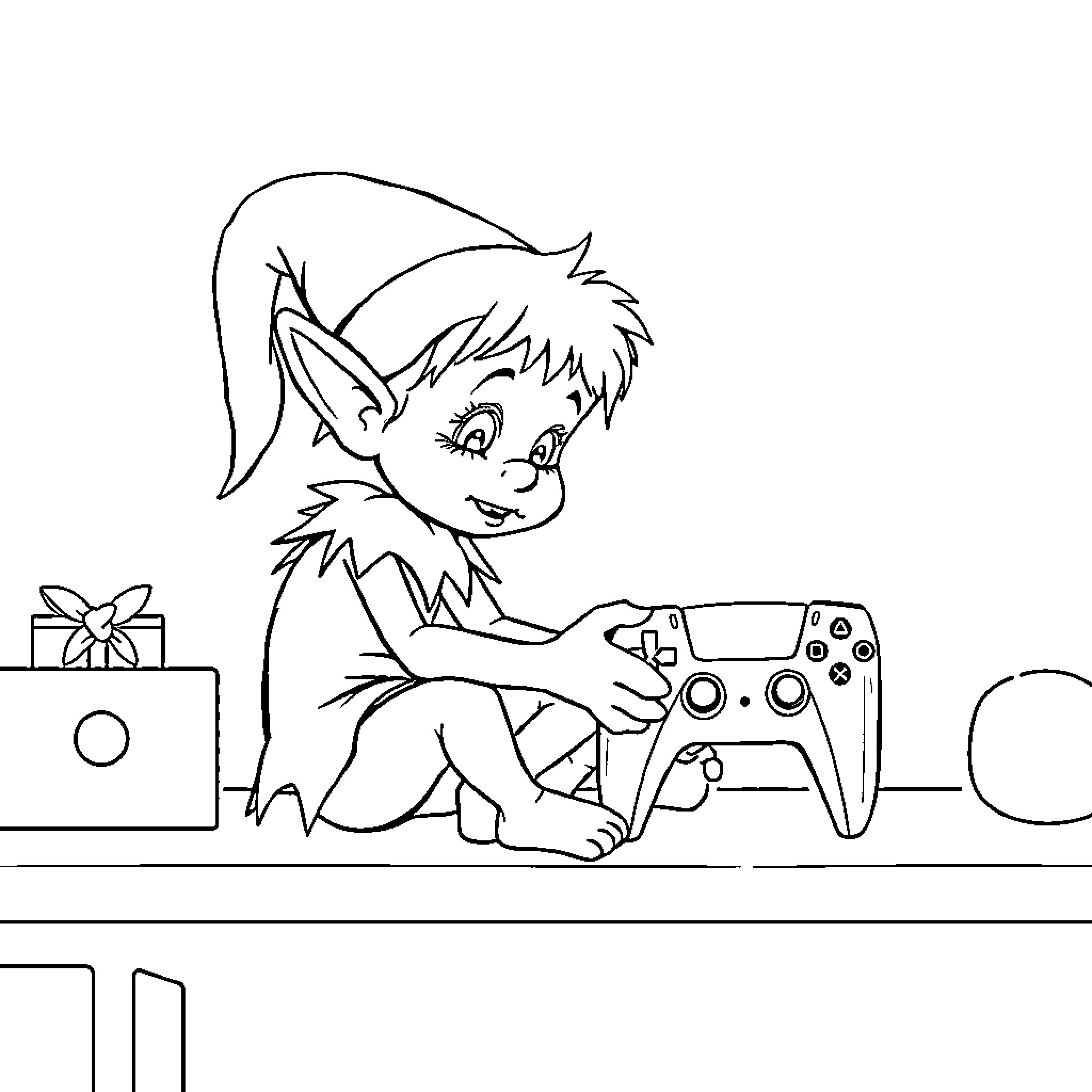 Elf Playing Video Game with Gifts Coloring Page (free black-and-white line drawing printable PDF for all, from beginners to advanced learners, including children, teens, adults, and seniors)
