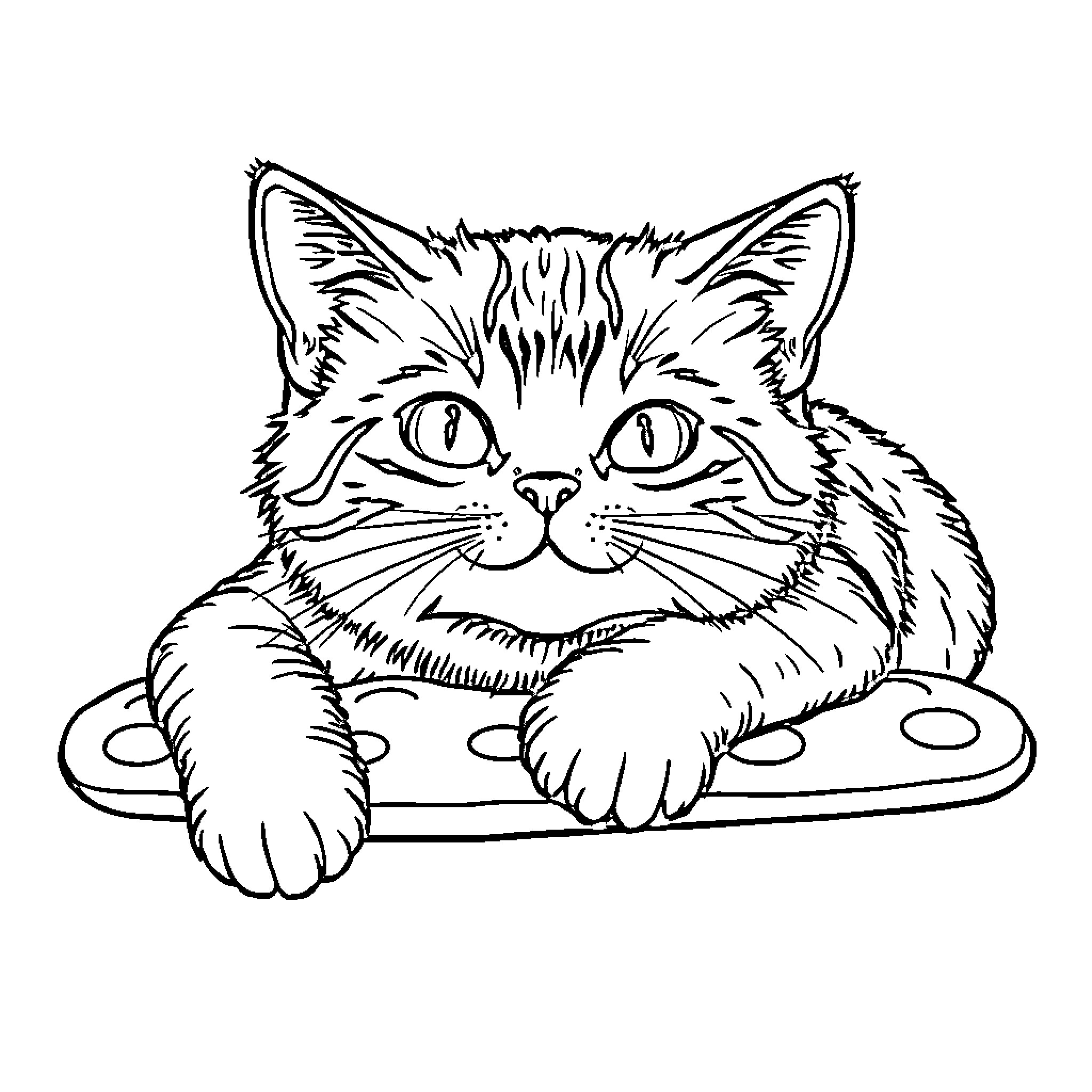 Naan Cat on Naan Bed Coloring Page (free black-and-white line drawing printable PDF for all, from beginners to advanced learners, including children, teens, adults, and seniors)