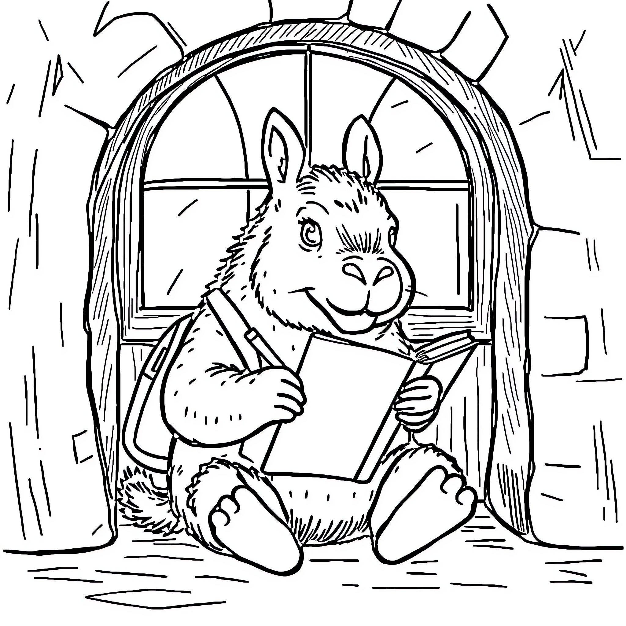 Capybara relaxing and reading a book by the window Coloring Page (free black-and-white line drawing printable PDF for all, from beginners to advanced learners, including children, teens, adults, and seniors)