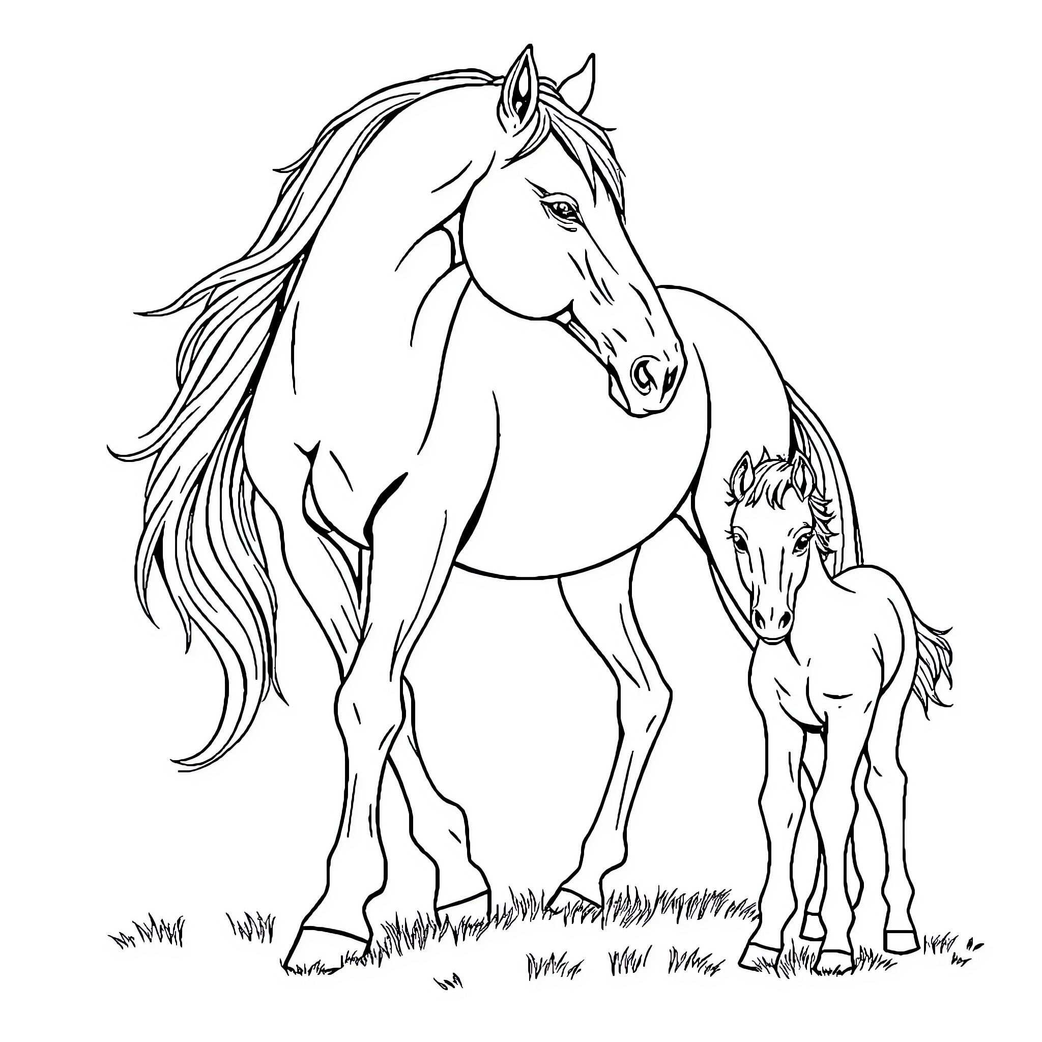 Horse with foal walking in the meadow Coloring Page (free black-and-white line drawing printable PDF for all, from beginners to advanced learners, including children, teens, adults, and seniors)