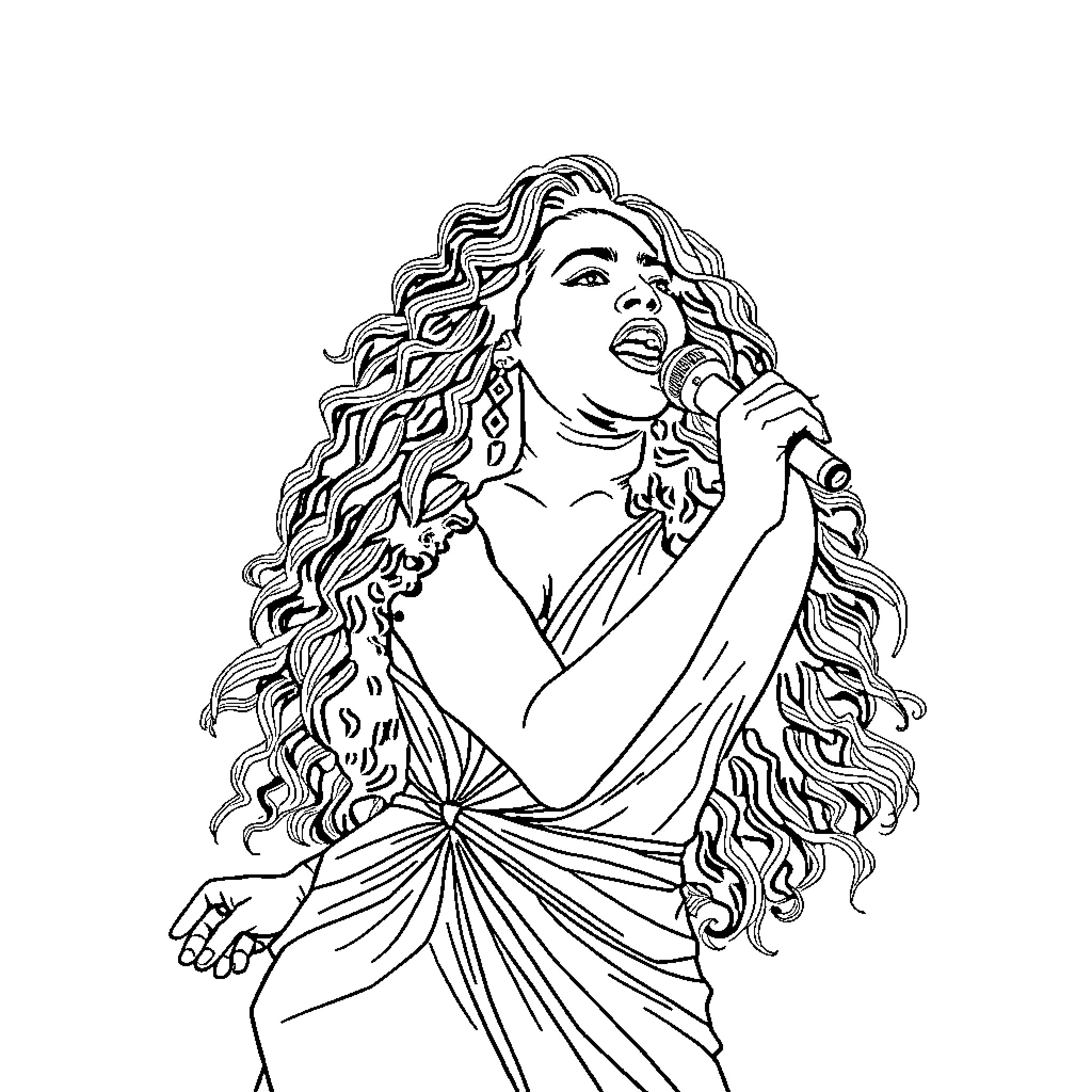 Beyonce performing on stage with elaborate costume and hairstyle Coloring Page (free black-and-white line drawing printable PDF for all, from beginners to advanced learners, including children, teens, adults, and seniors)