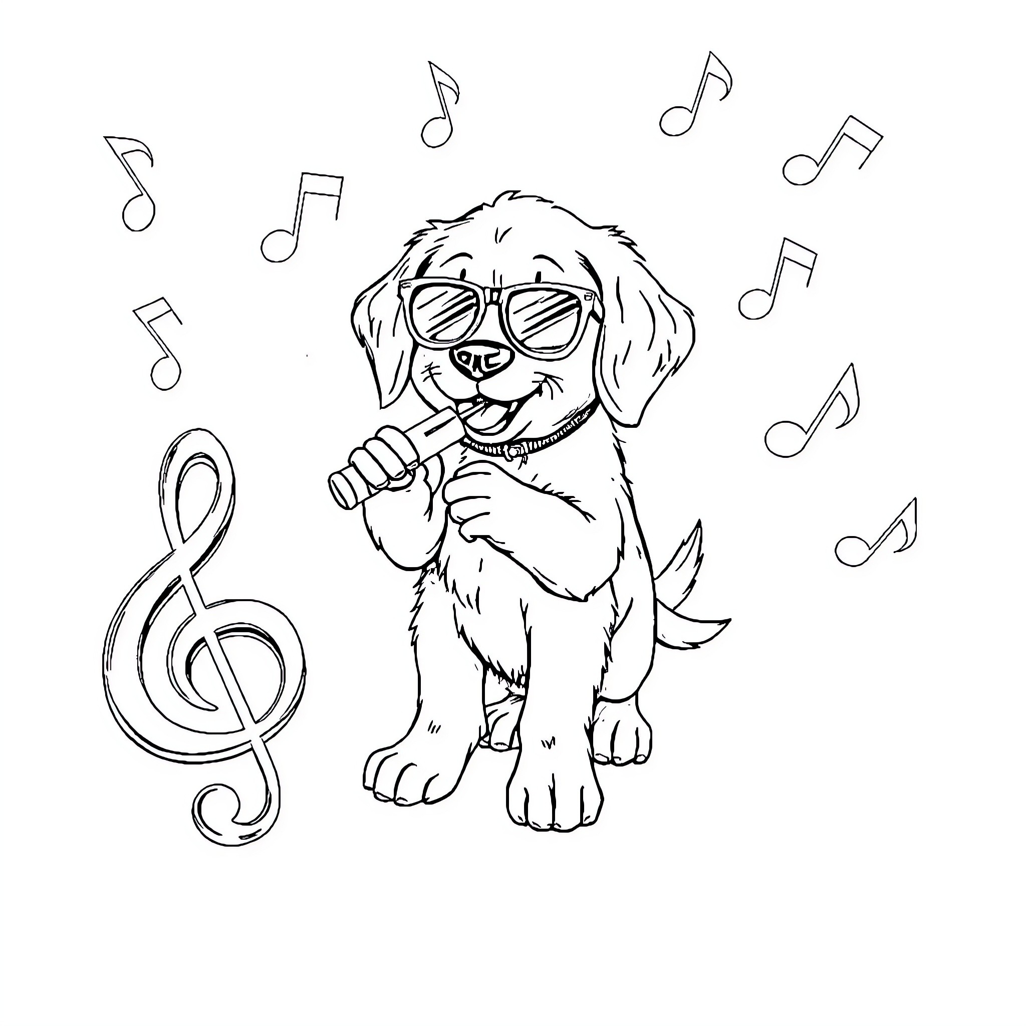 Puppy singing and surrounded by music notes Coloring Page (free black-and-white line drawing printable PDF for all, from beginners to advanced learners, including children, teens, adults, and seniors)