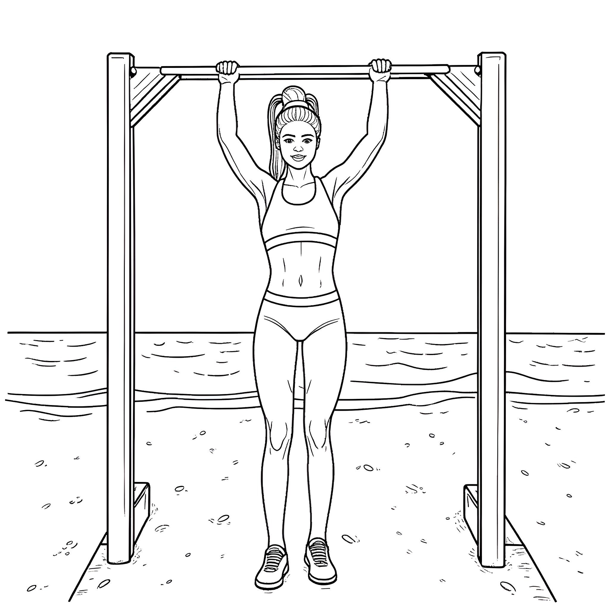 Woman doing pull-ups on outdoor exercise equipment Coloring Page (free black-and-white line drawing printable PDF for all, from beginners to advanced learners, including children, teens, adults, and seniors)