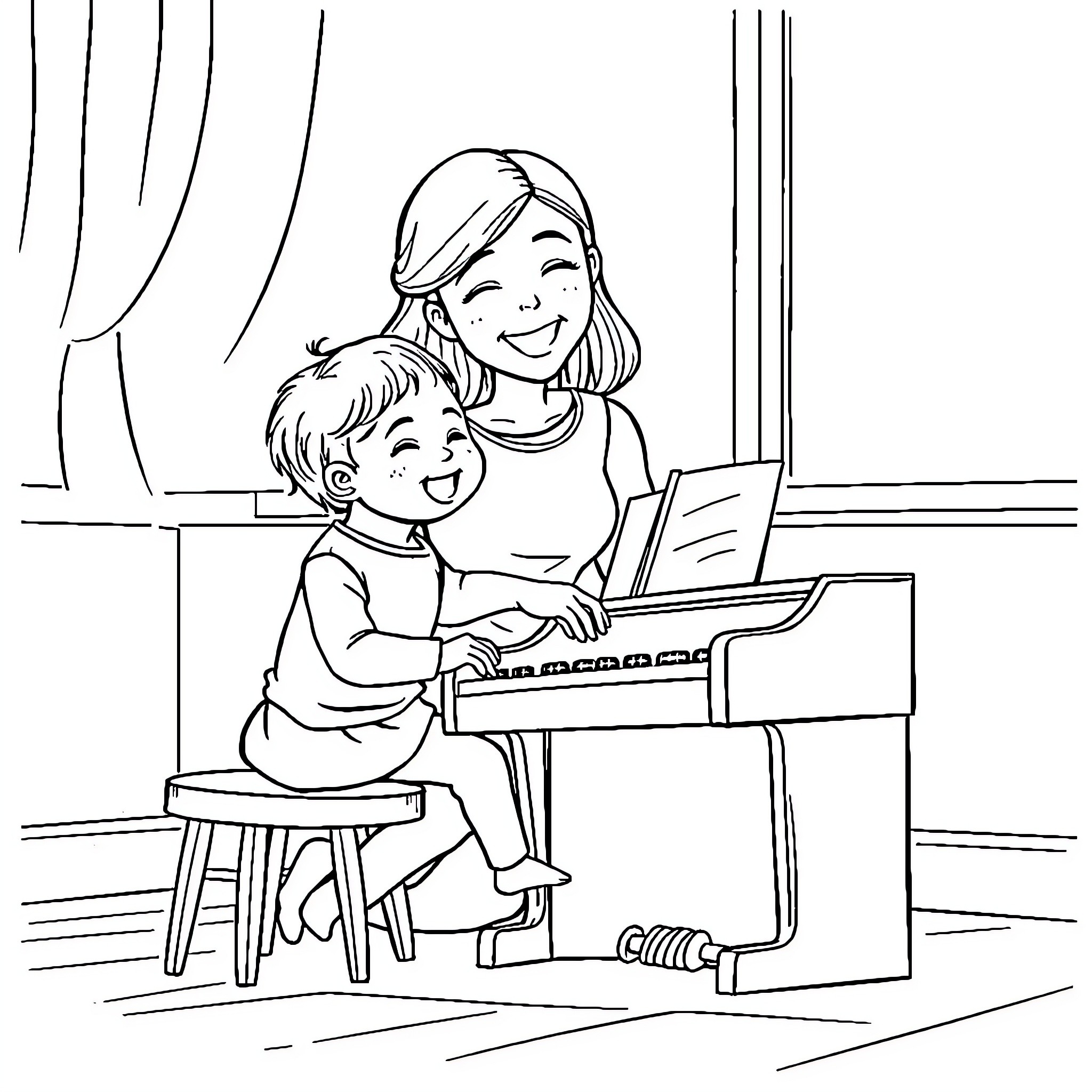 Piano lessons with a caring teacher Coloring Page (free black-and-white line drawing printable PDF for all, from beginners to advanced learners, including children, teens, adults, and seniors)