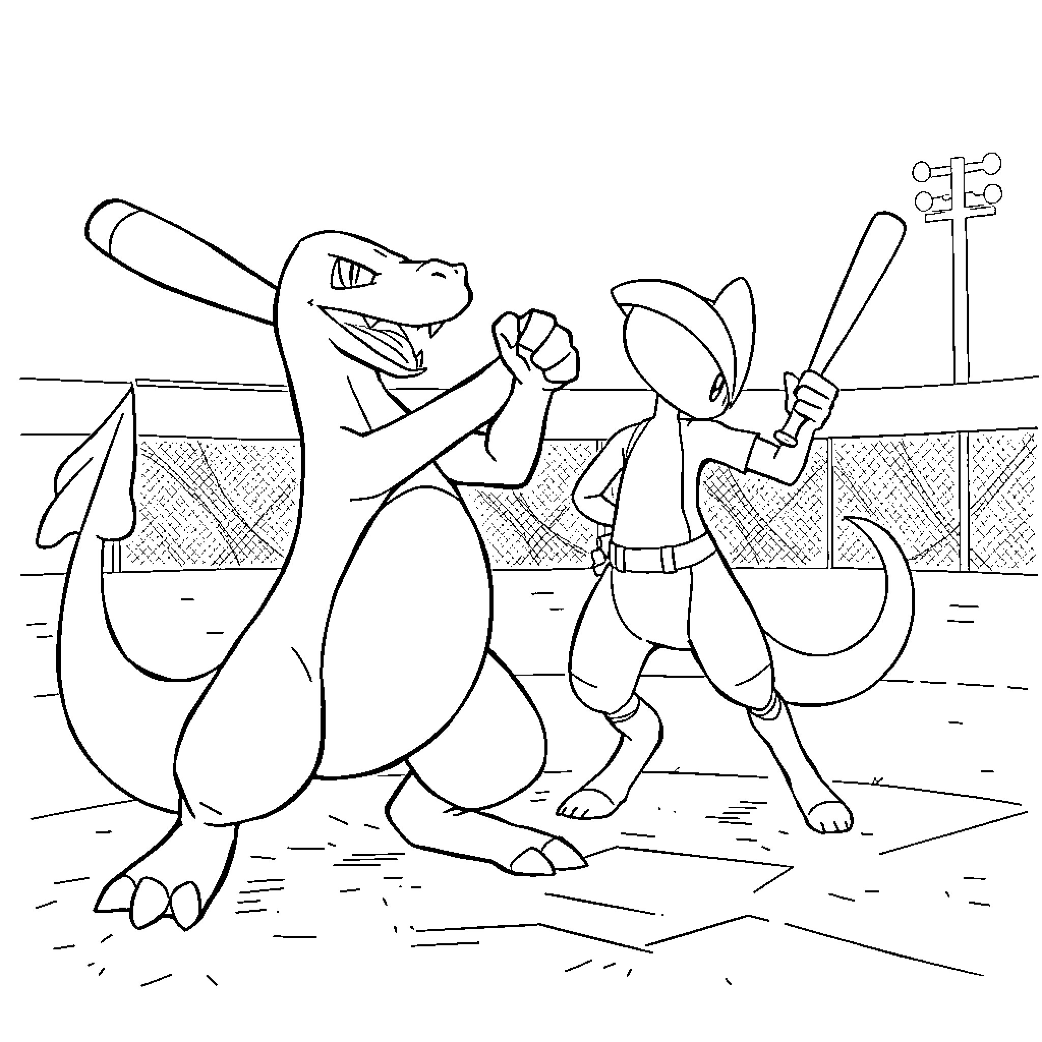 Charizard and Lucario Engaged in a Fierce Battle Coloring Page (free black-and-white line drawing printable PDF for all, from beginners to advanced learners, including children, teens, adults, and seniors)