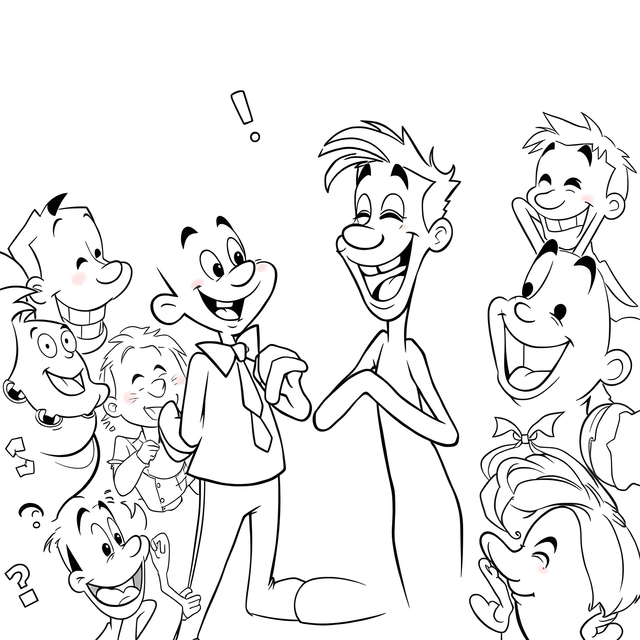 Sidney and his lively cartoon friends Coloring Page (free black-and-white line drawing printable PDF for all, from beginners to advanced learners, including children, teens, adults, and seniors)