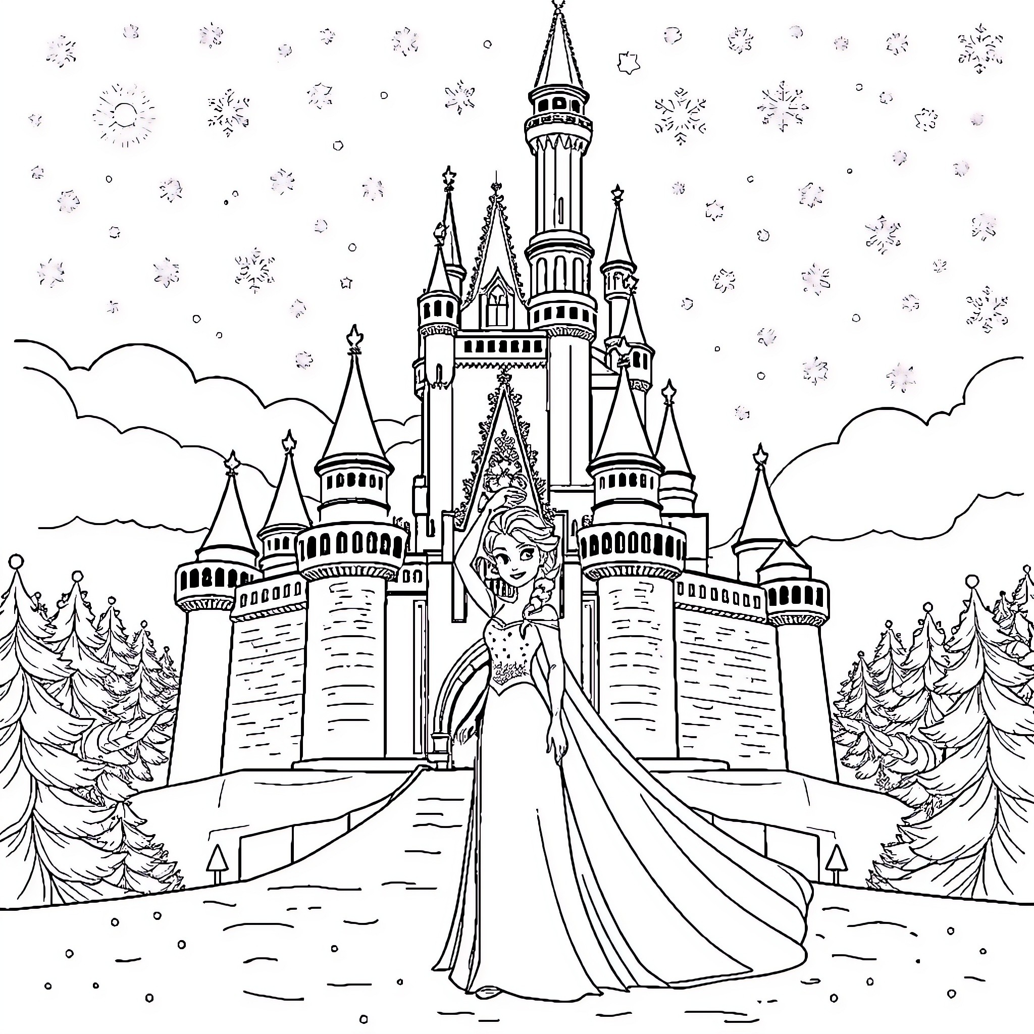 Elsa's Magical Castle in Winter Wonderland Coloring Page (free black-and-white line drawing printable PDF for all, from beginners to advanced learners, including children, teens, adults, and seniors)
