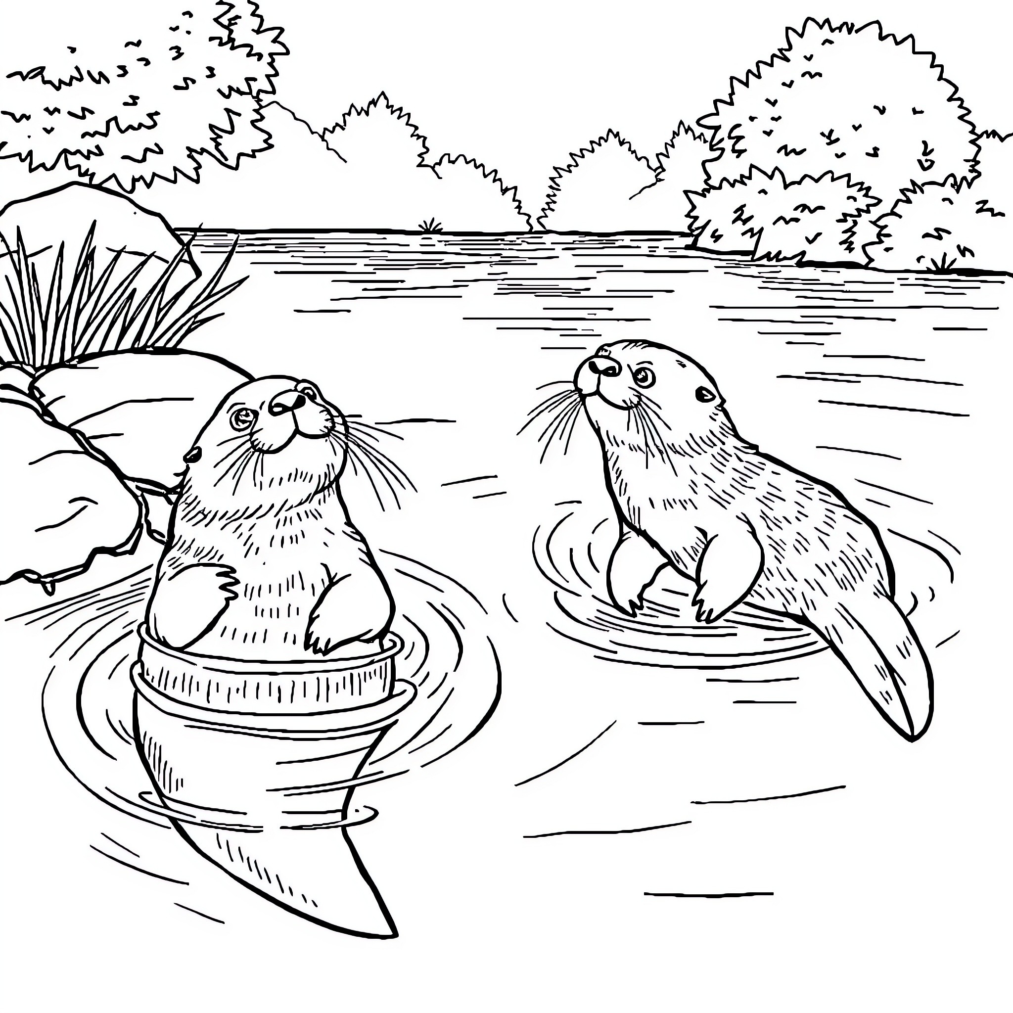 Otters swimming and playing in a pond Coloring Page (free black-and-white line drawing printable PDF for all, from beginners to advanced learners, including children, teens, adults, and seniors)