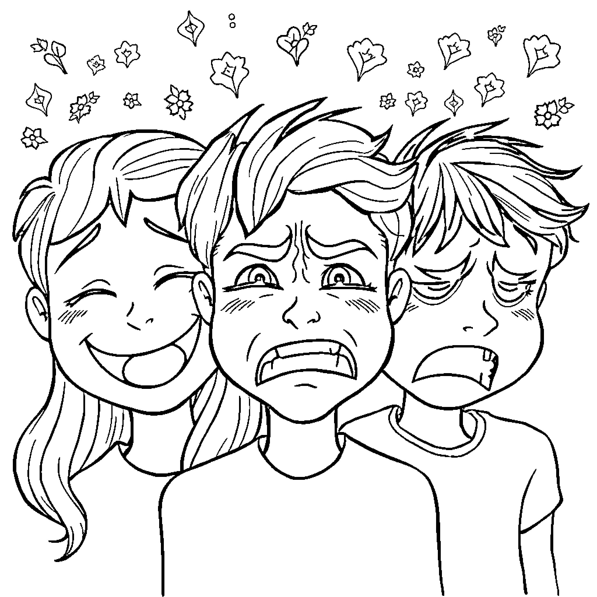 Emotion-filled Expressions of Youthful Characters Coloring Page (free black-and-white line drawing printable PDF for all, from beginners to advanced learners, including children, teens, adults, and seniors)