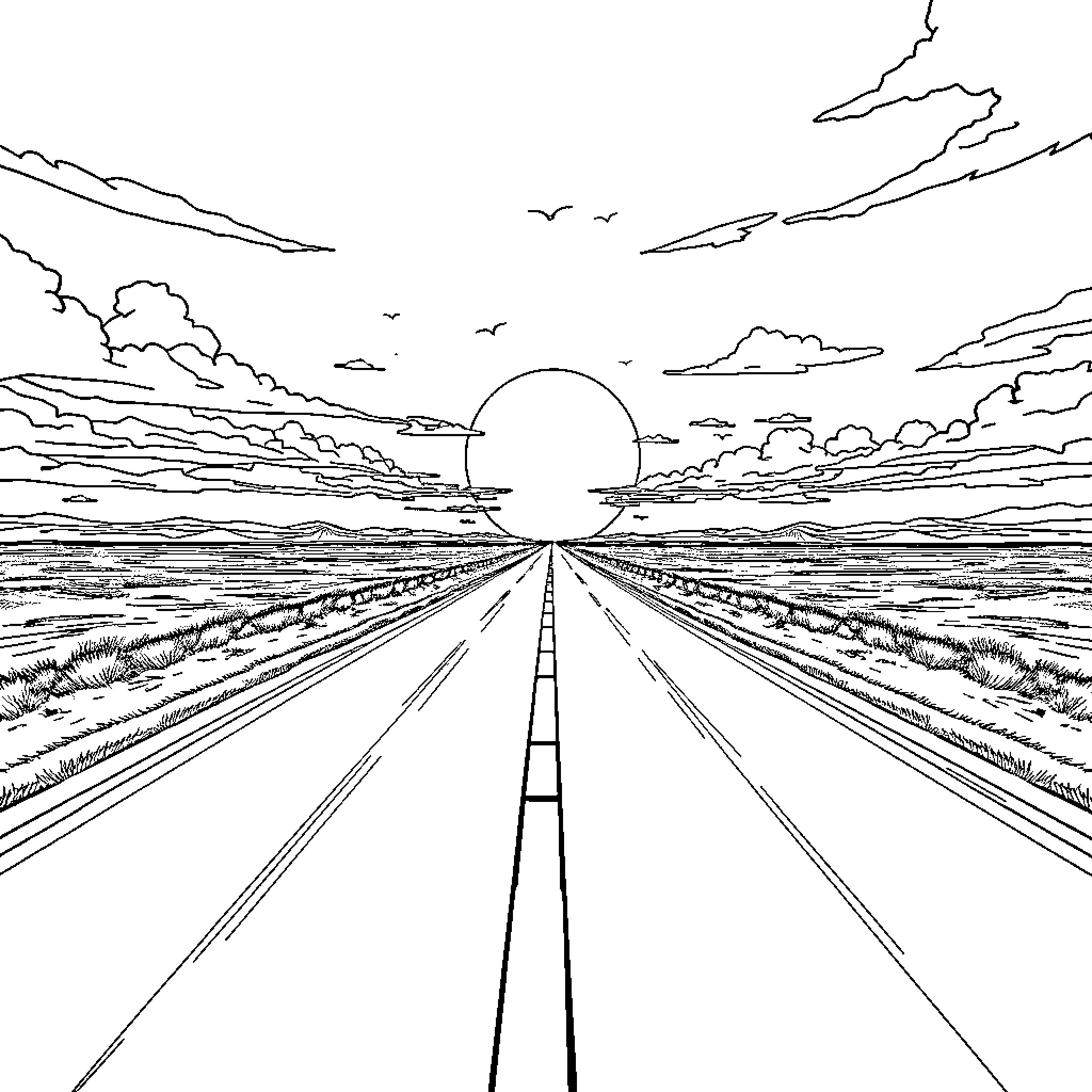 Straight Road Stretching to the Horizon Coloring Page (free black-and-white line drawing printable PDF for all, from beginners to advanced learners, including children, teens, adults, and seniors)