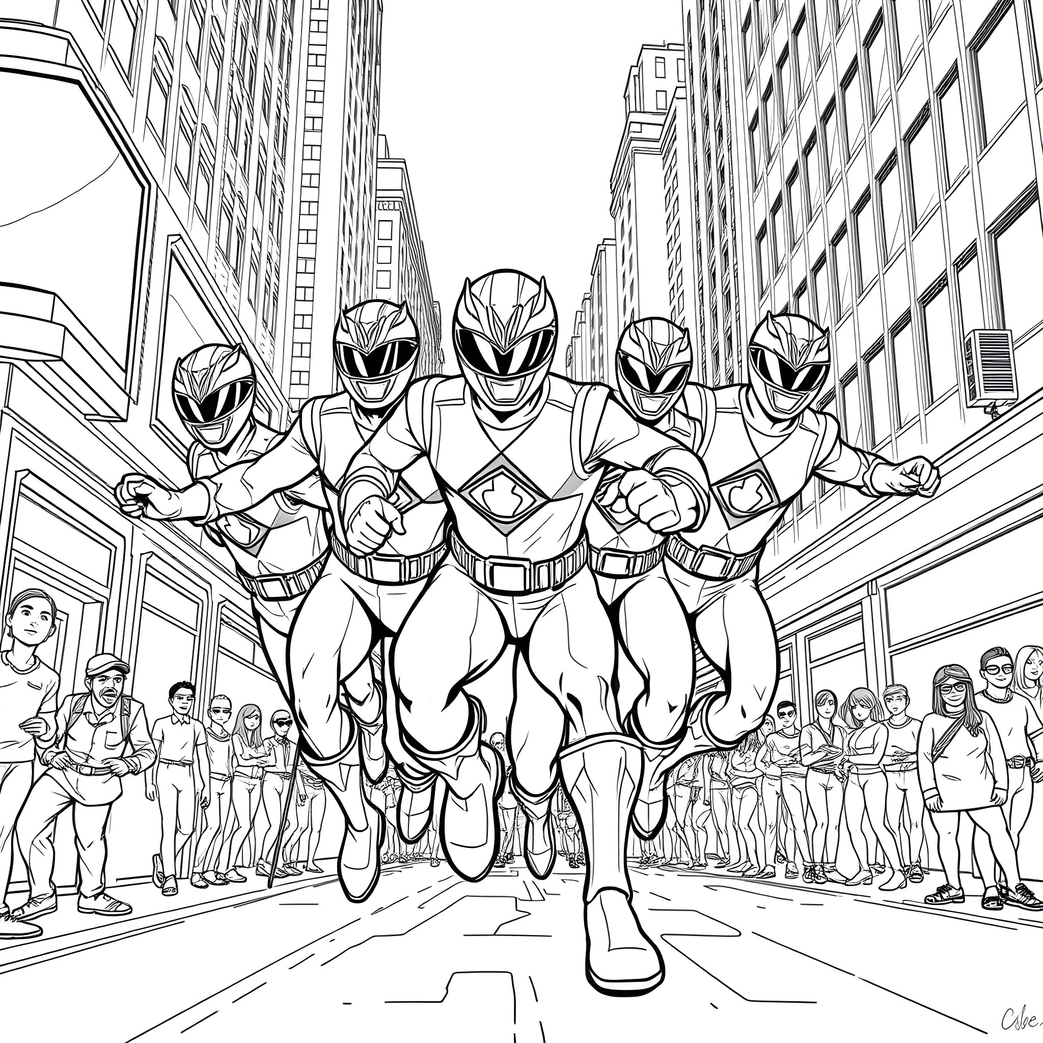 Power Rangers in action on the city streets Coloring Page (free black-and-white line drawing printable PDF for all, from beginners to advanced learners, including children, teens, adults, and seniors)