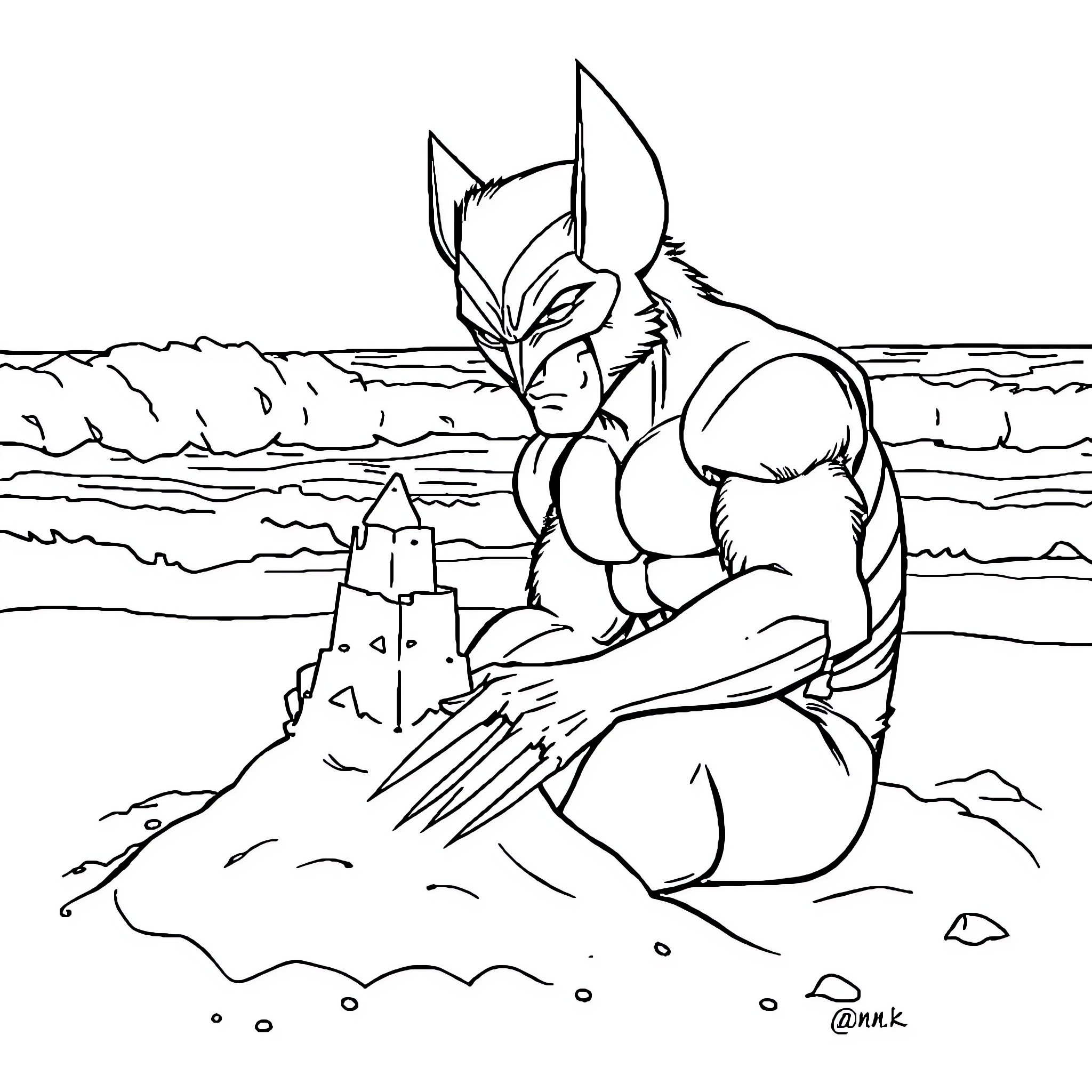 Wolverine building a sandcastle on the beach Coloring Page (free black-and-white line drawing printable PDF for all, from beginners to advanced learners, including children, teens, adults, and seniors)