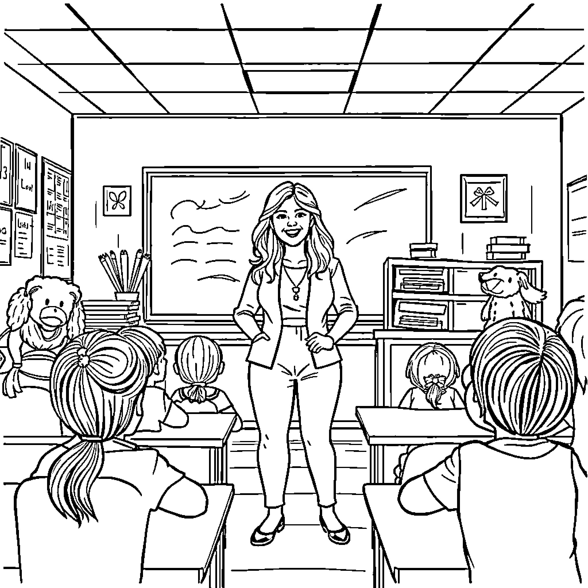 Ms Rachel's Lively Classroom Engagement Coloring Page (free black-and-white line drawing printable PDF for all, from beginners to advanced learners, including children, teens, adults, and seniors)