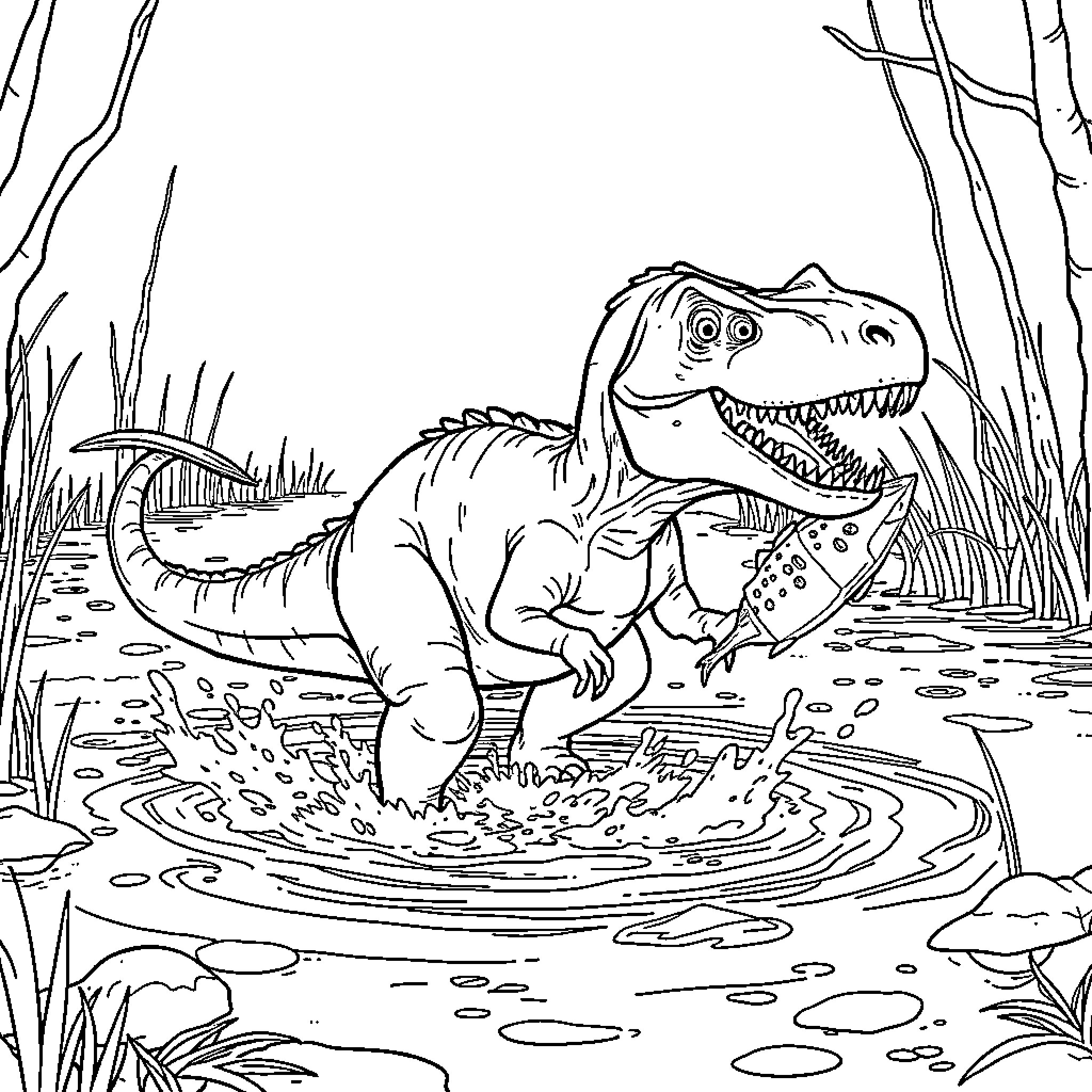 Spinosaurus wading in the river Coloring Page (free black-and-white line drawing printable PDF for all, from beginners to advanced learners, including children, teens, adults, and seniors)