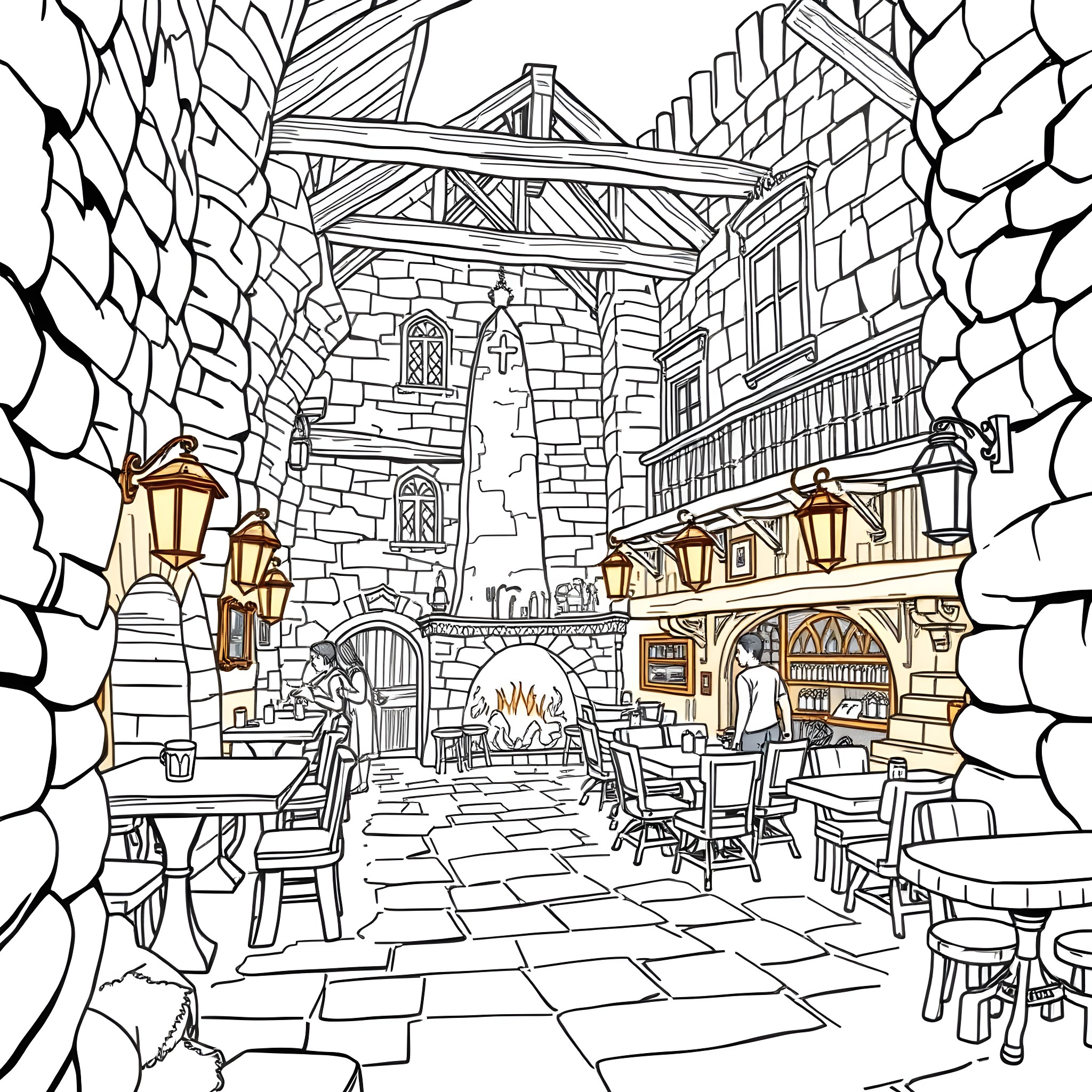 Castle Courtyard with Dining Terrace and Lanterns Coloring Page (free black-and-white line drawing printable PDF for all, from beginners to advanced learners, including children, teens, adults, and seniors)