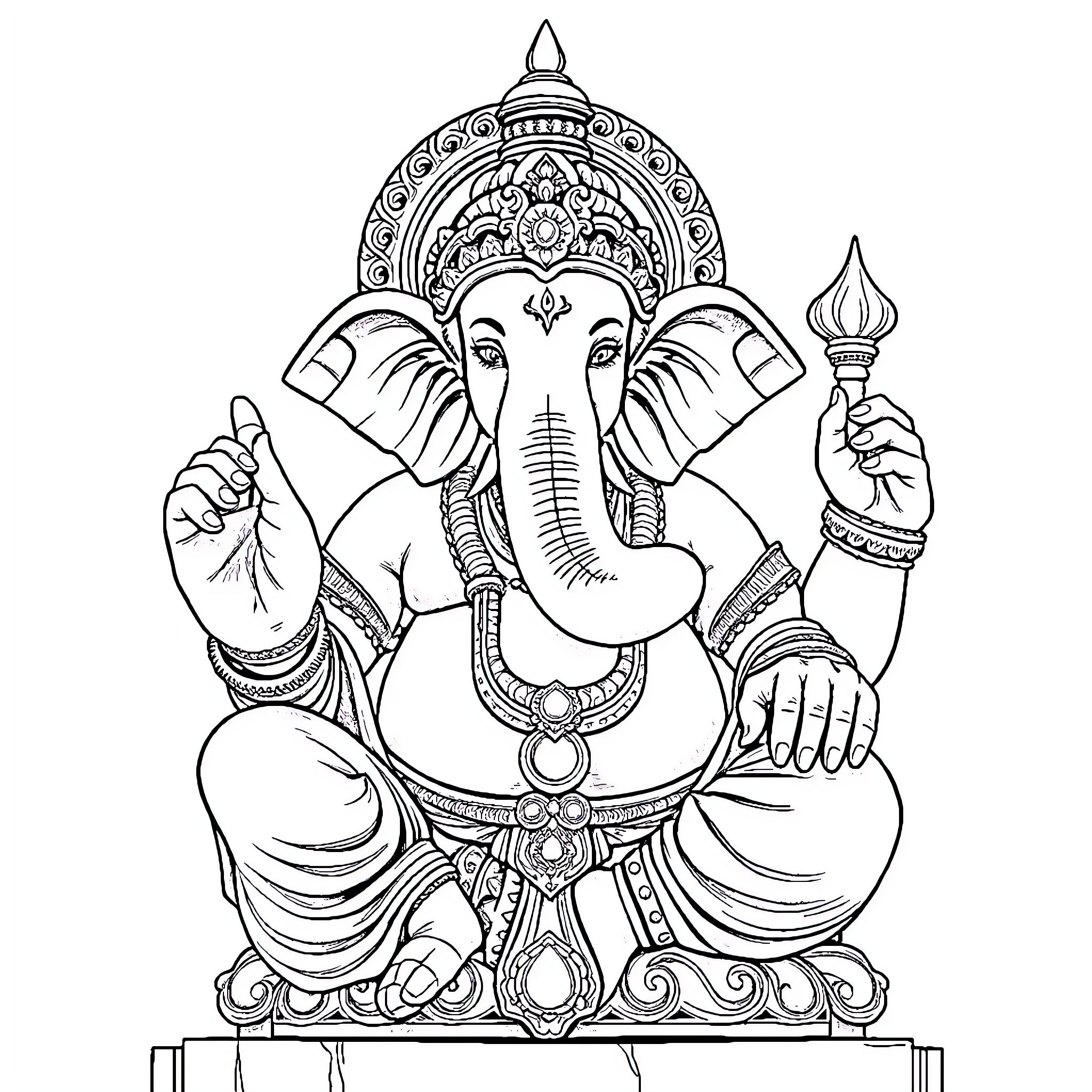 Ganesha seated on ornate throne holding sacred objects Coloring Page (free black-and-white line drawing printable PDF for all, from beginners to advanced learners, including children, teens, adults, and seniors)