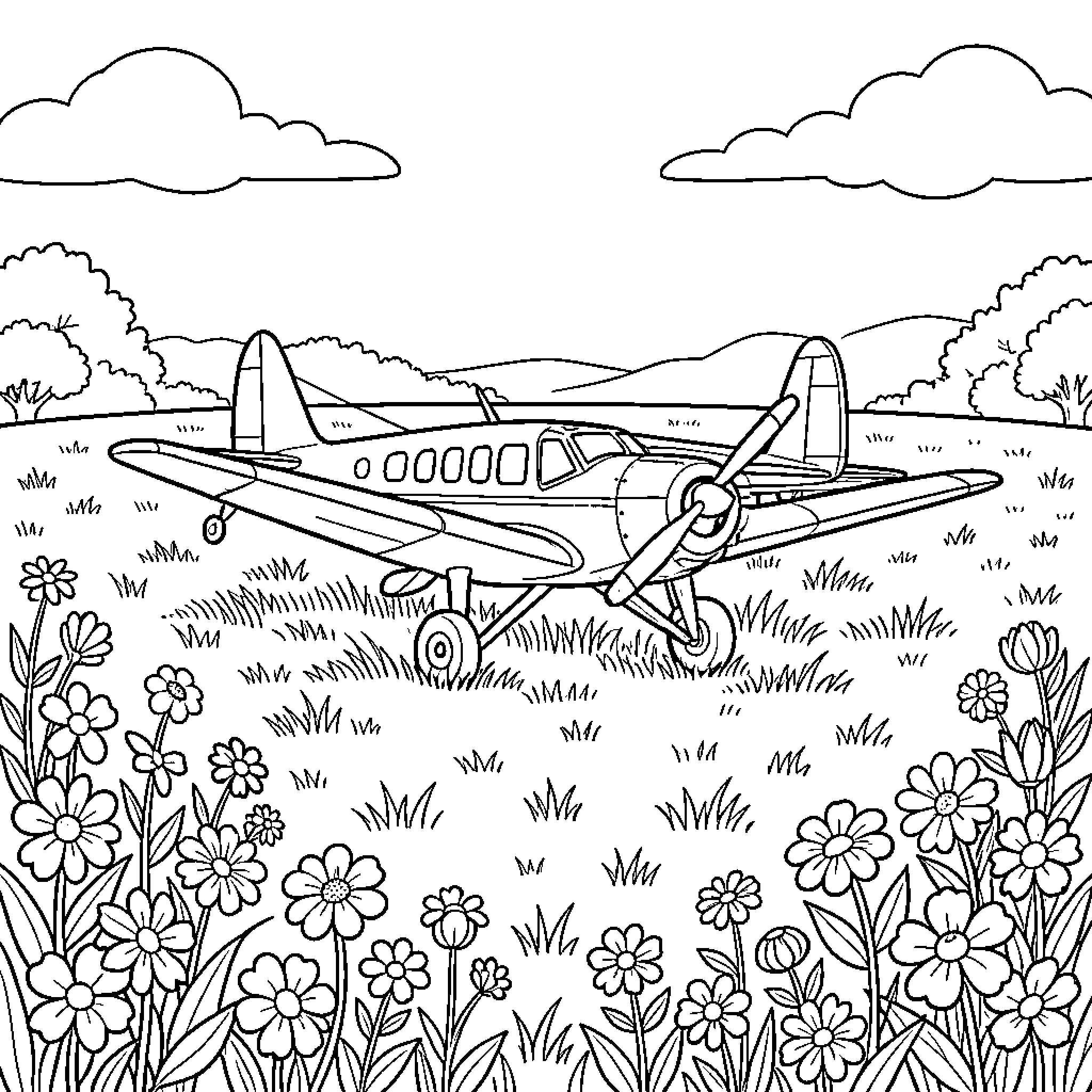 Airplane flying over a flower-filled meadow Coloring Page (free black-and-white line drawing printable PDF for all, from beginners to advanced learners, including children, teens, adults, and seniors)
