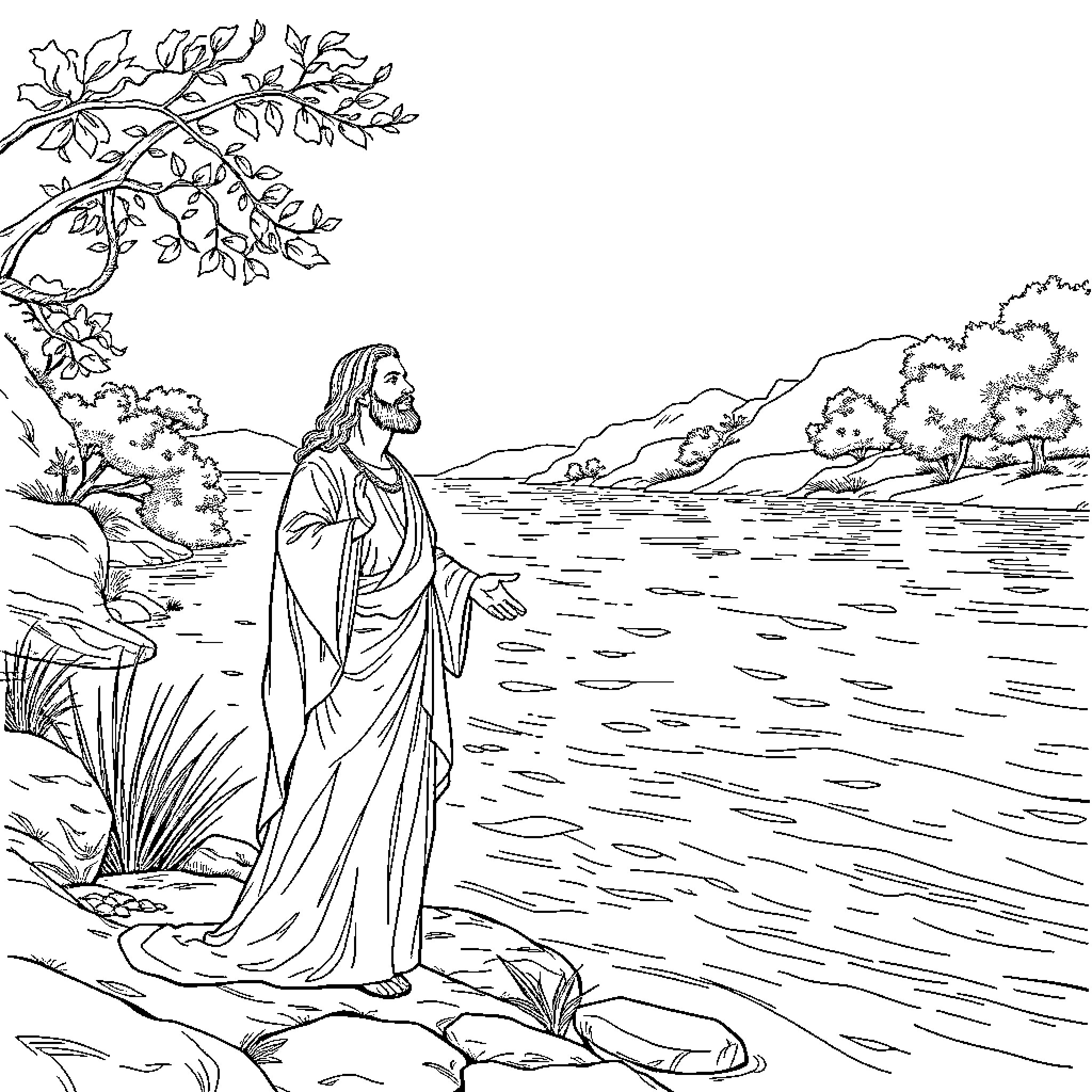 Jesus preaching by the riverside in nature Coloring Page (free black-and-white line drawing printable PDF for all, from beginners to advanced learners, including children, teens, adults, and seniors)
