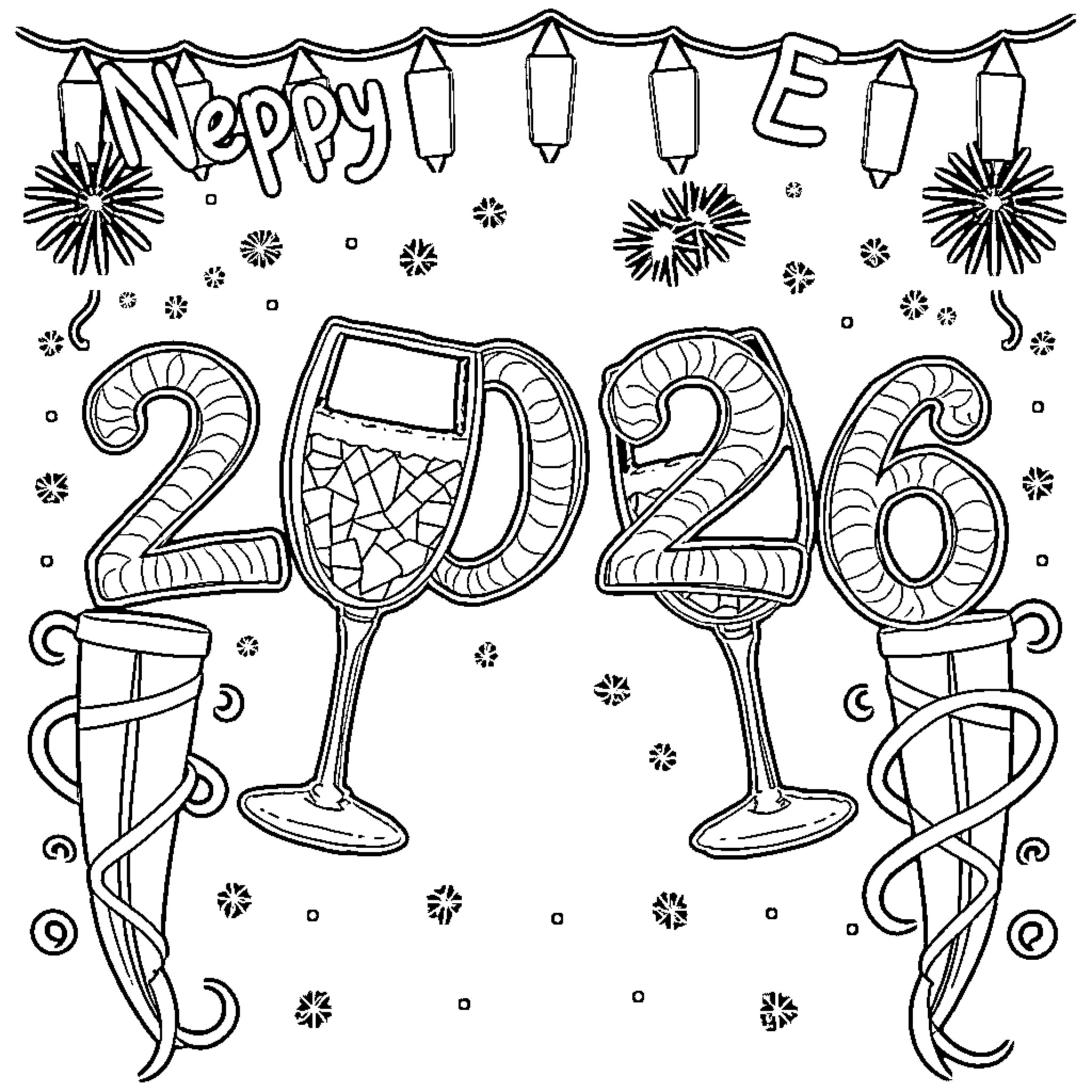 New Year celebrations with festive decorations and glasses Coloring Page (free black-and-white line drawing printable PDF for all, from beginners to advanced learners, including children, teens, adults, and seniors)