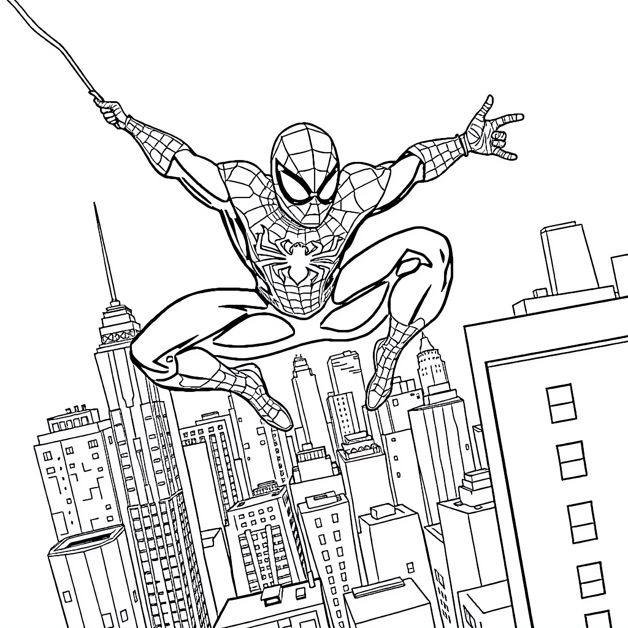 Spiderman swinging through the city Coloring Page (free black-and-white line drawing printable PDF for all, from beginners to advanced learners, including children, teens, adults, and seniors)