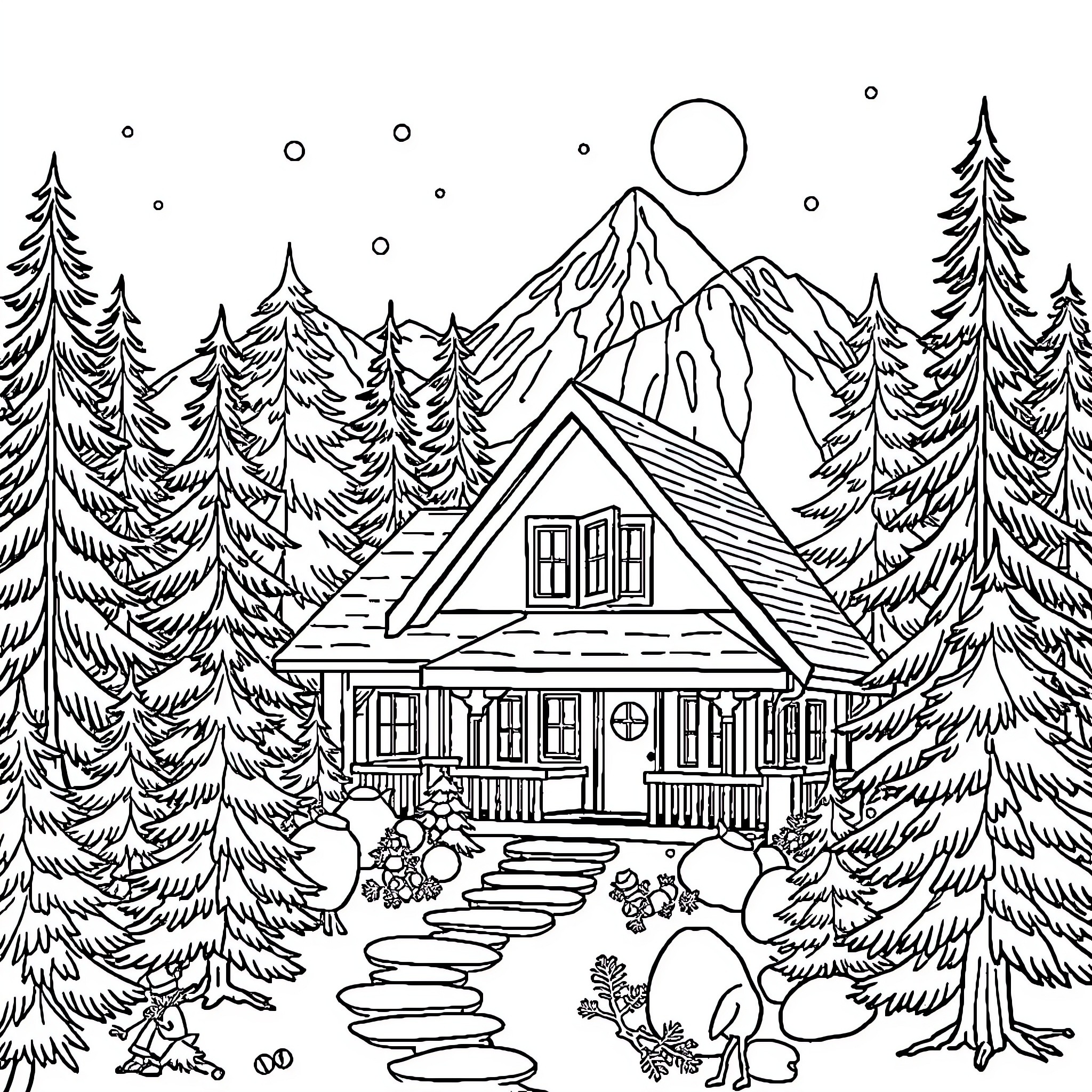 Mountain House in Snowy Woodland Scene Coloring Page (free black-and-white line drawing printable PDF for all, from beginners to advanced learners, including children, teens, adults, and seniors)