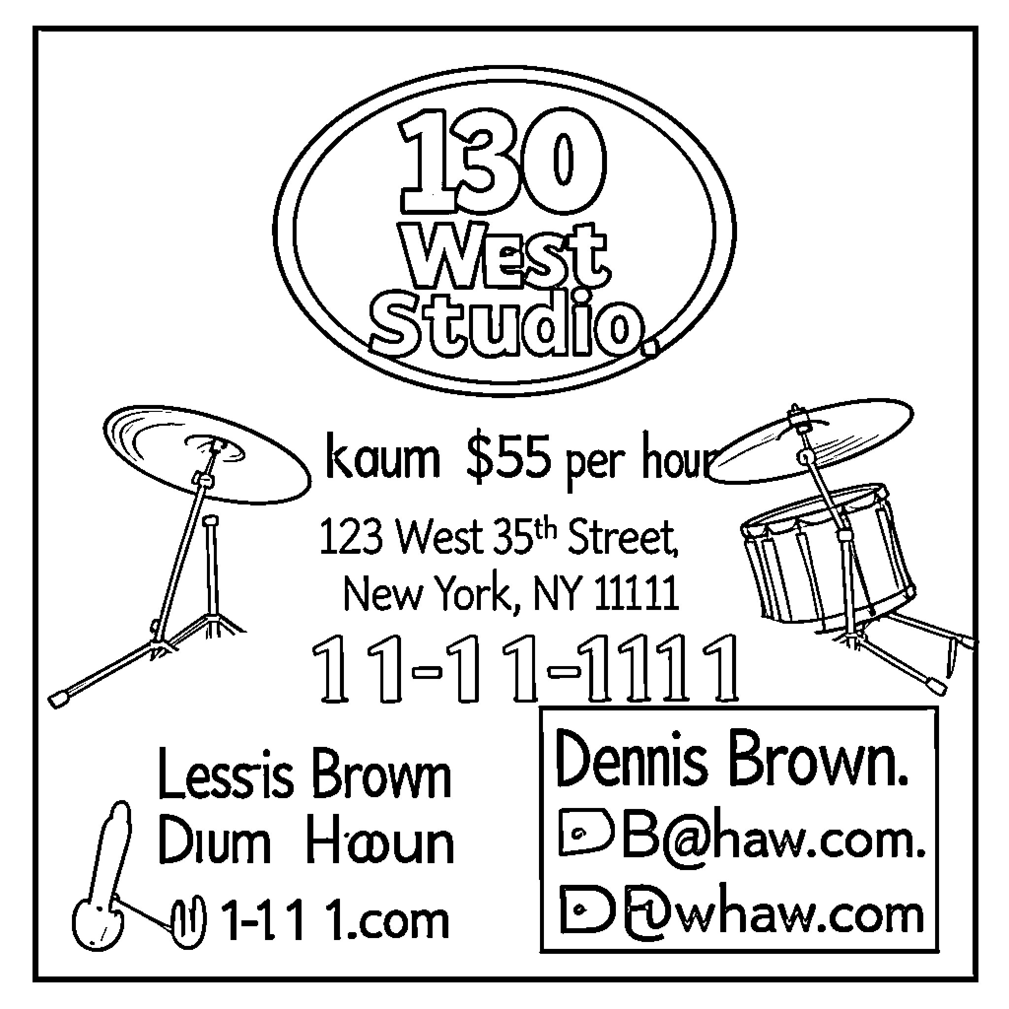 Drum studio advertisement featuring equipment and contact details Coloring Page (free black-and-white line drawing printable PDF for all, from beginners to advanced learners, including children, teens, adults, and seniors)