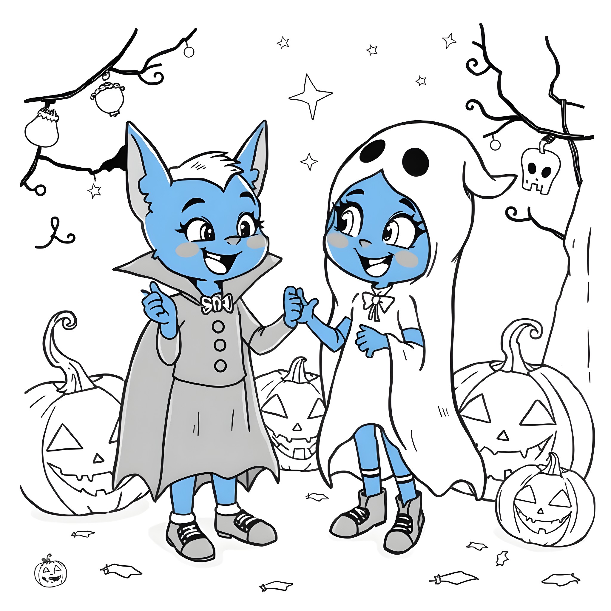 Bluey and Bingo's Halloween Adventure Coloring Page (free black-and-white line drawing printable PDF for all, from beginners to advanced learners, including children, teens, adults, and seniors)