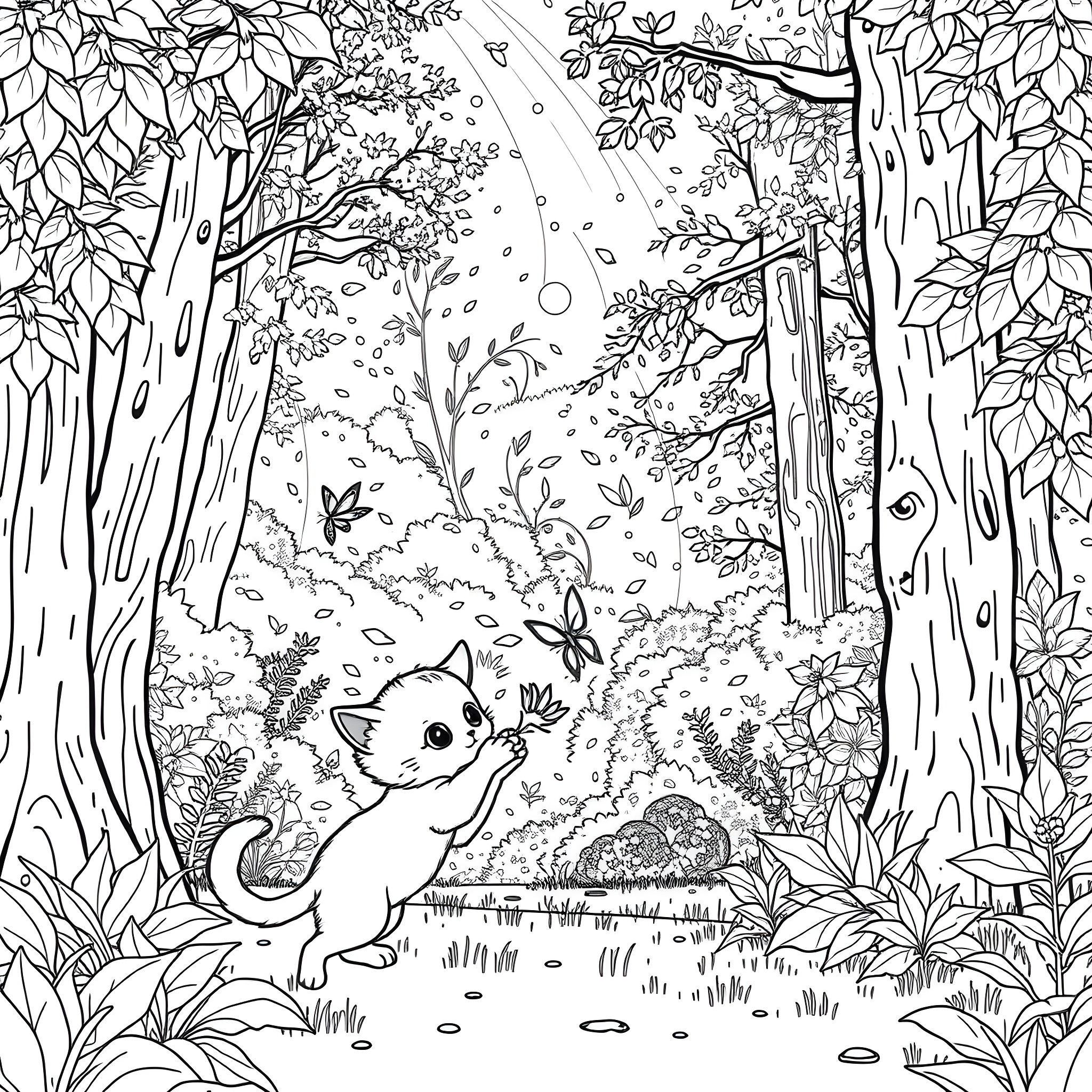 Cat playing in the enchanted forest Coloring Page (free black-and-white line drawing printable PDF for all, from beginners to advanced learners, including children, teens, adults, and seniors)