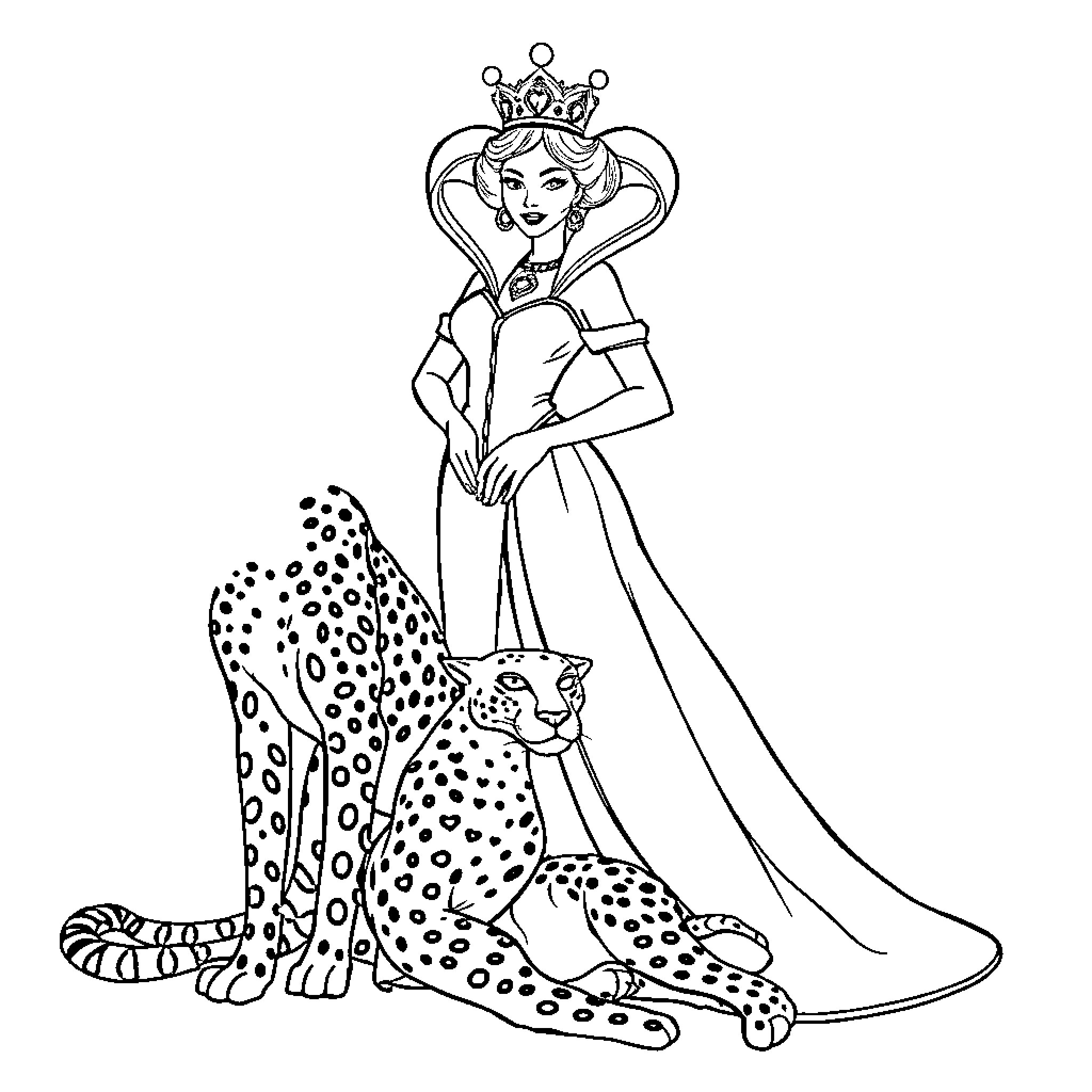 Queen posing gracefully with a spotted cat Coloring Page (free black-and-white line drawing printable PDF for all, from beginners to advanced learners, including children, teens, adults, and seniors)