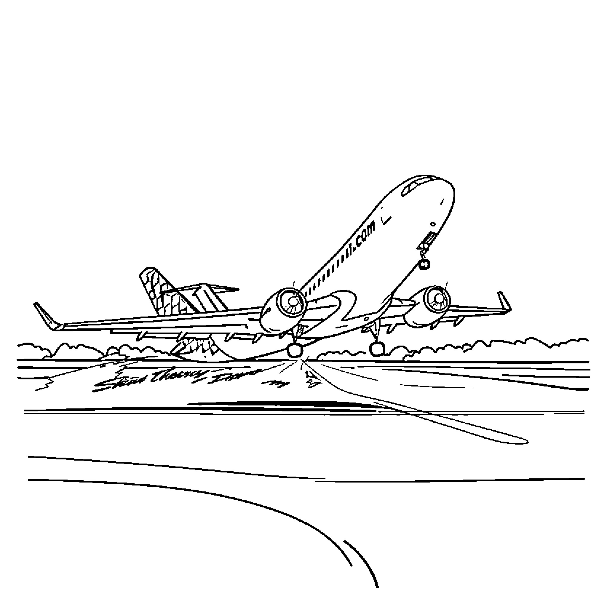 Dash Q400 aircraft taking off from runway Coloring Page (free black-and-white line drawing printable PDF for all, from beginners to advanced learners, including children, teens, adults, and seniors)