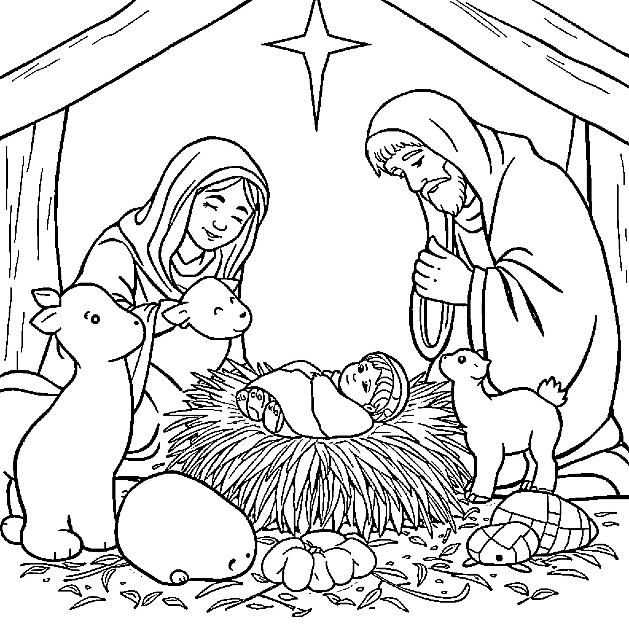Manger scene with holy family and animals Coloring Page (free black-and-white line drawing printable PDF for all, from beginners to advanced learners, including children, teens, adults, and seniors)