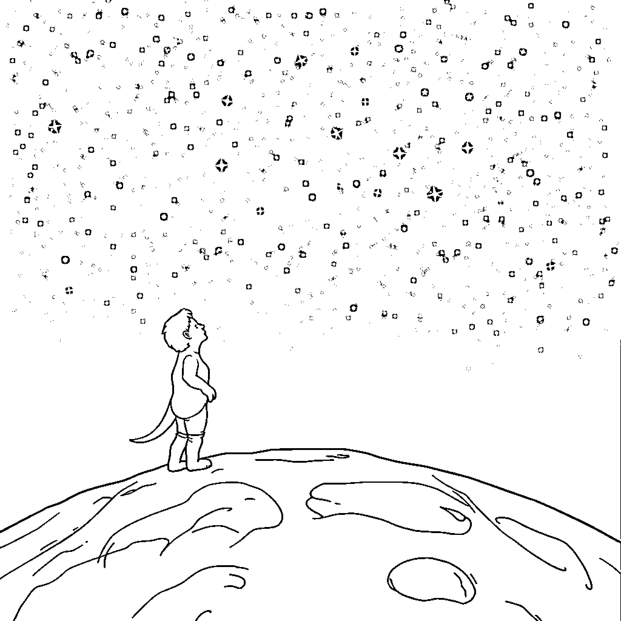 Krumi looks up at the starry night sky Coloring Page (free black-and-white line drawing printable PDF for all, from beginners to advanced learners, including children, teens, adults, and seniors)
