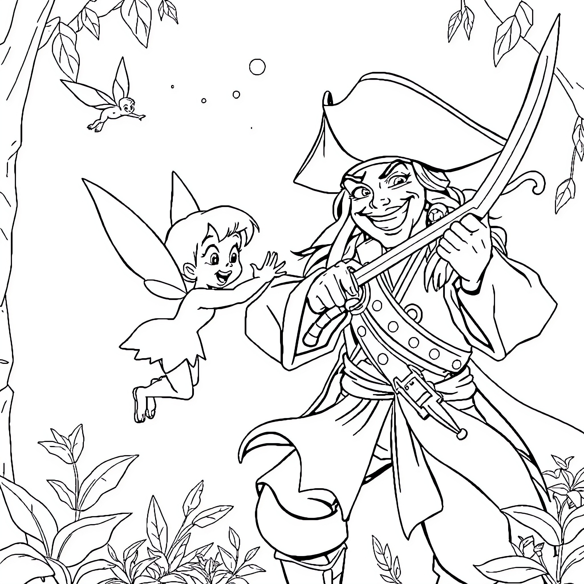 Tinkerbell and the Pirate's Mischievous Adventure Coloring Page (free black-and-white line drawing printable PDF for all, from beginners to advanced learners, including children, teens, adults, and seniors)
