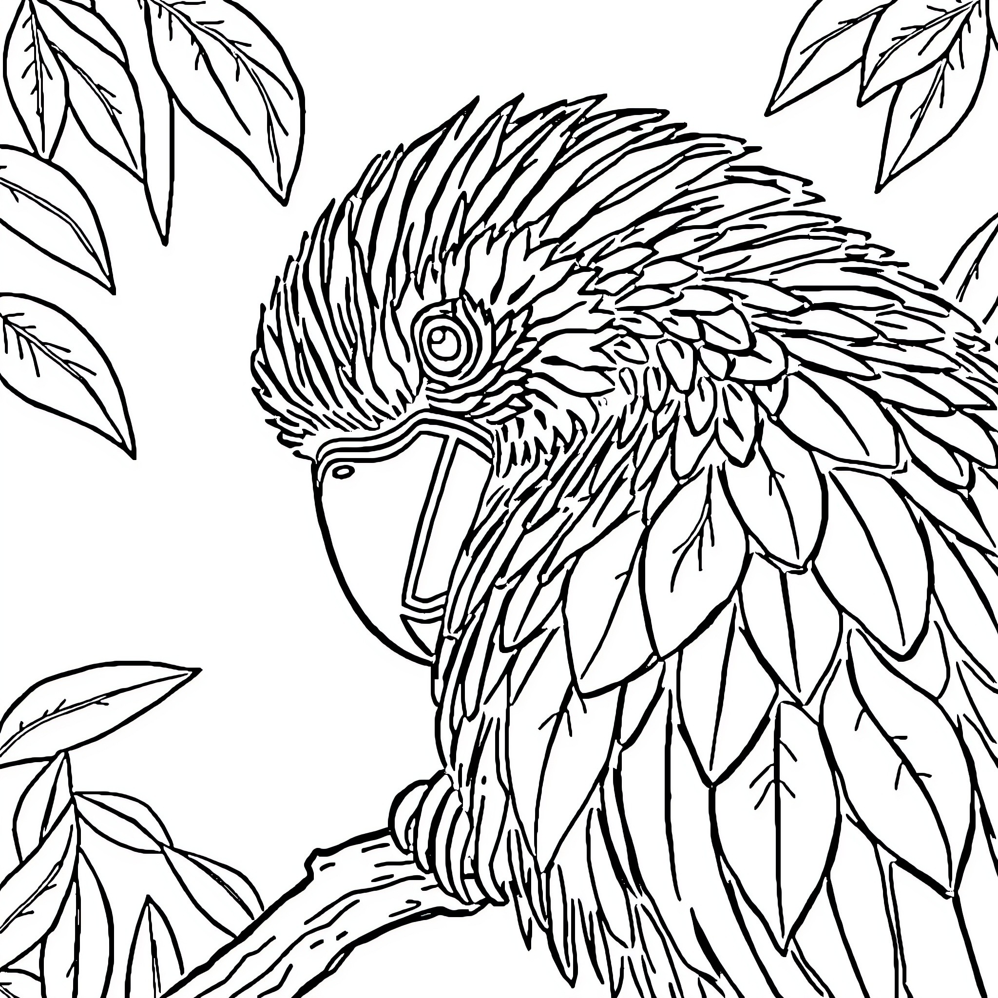 Animal parrot perched on branch with leaves Coloring Page (free black-and-white line drawing printable PDF for all, from beginners to advanced learners, including children, teens, adults, and seniors)