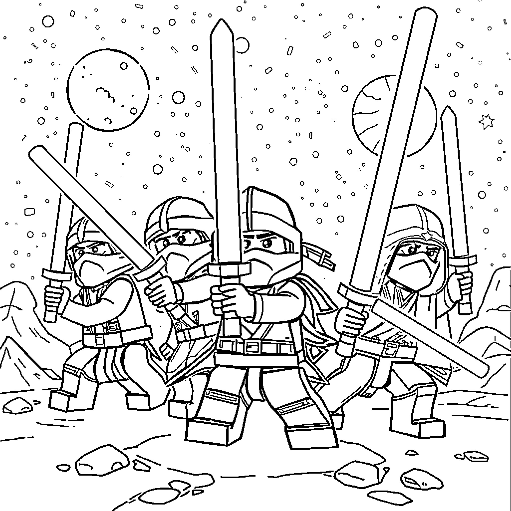 Ninjago Warriors Engaged in Battle on Snowy Battlefield Coloring Page (free black-and-white line drawing printable PDF for all, from beginners to advanced learners, including children, teens, adults, and seniors)