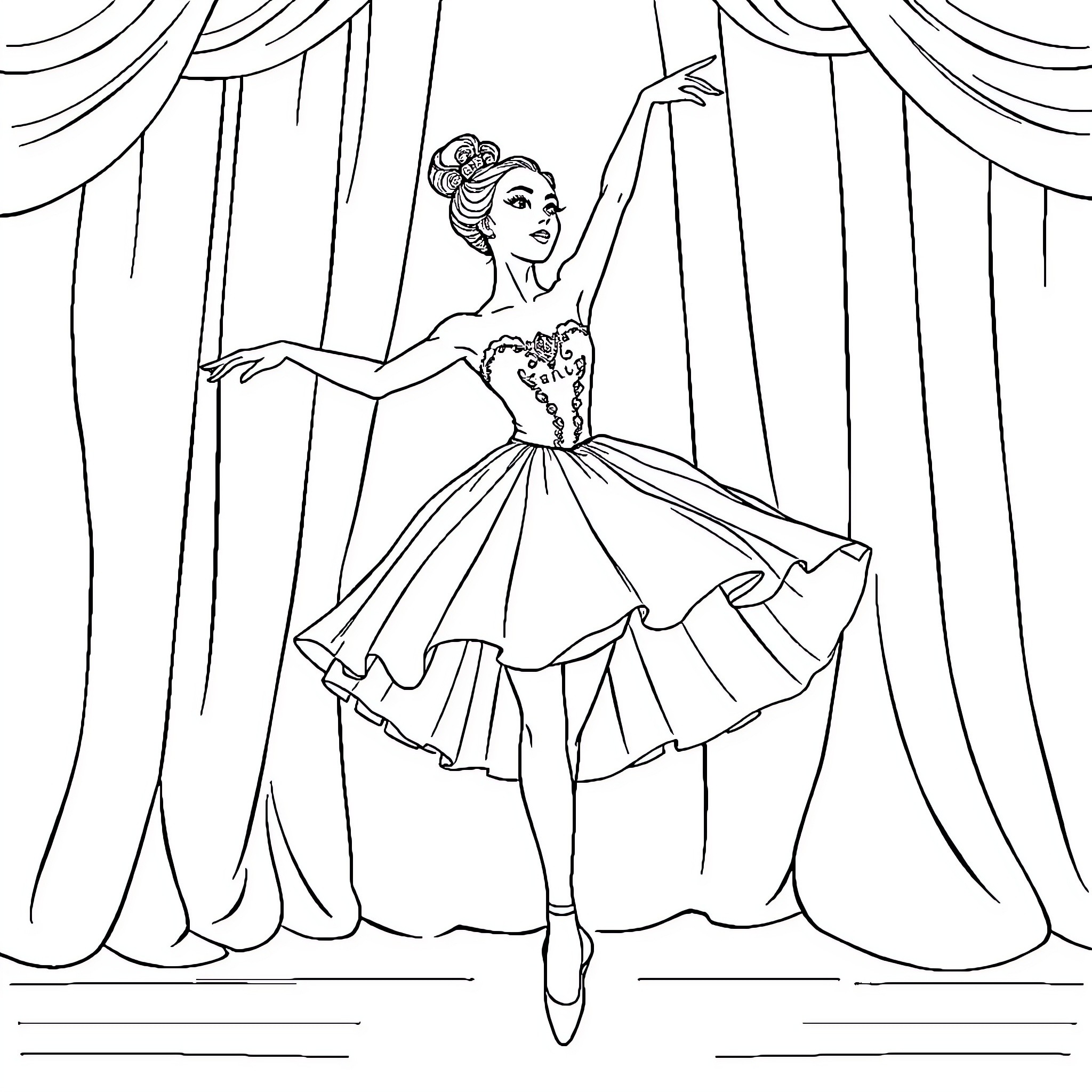 Ballerina performing graceful dance on stage Coloring Page (free black-and-white line drawing printable PDF for all, from beginners to advanced learners, including children, teens, adults, and seniors)