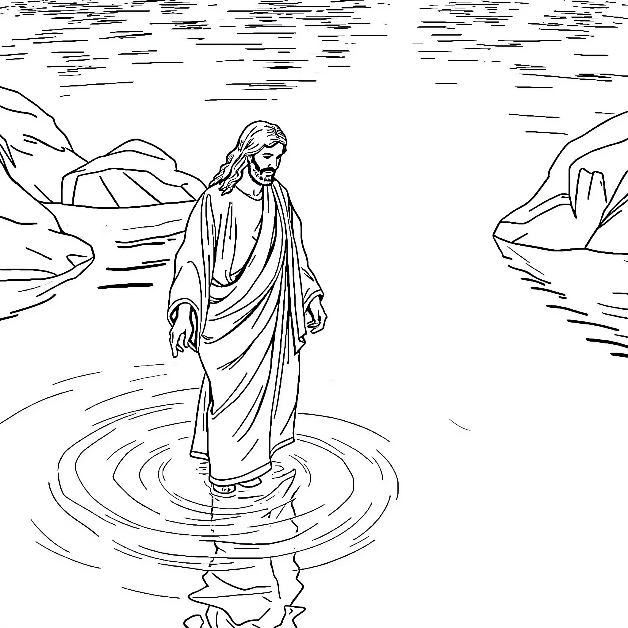 Jesus walking on the waters of Galilee Coloring Page (free black-and-white line drawing printable PDF for all, from beginners to advanced learners, including children, teens, adults, and seniors)