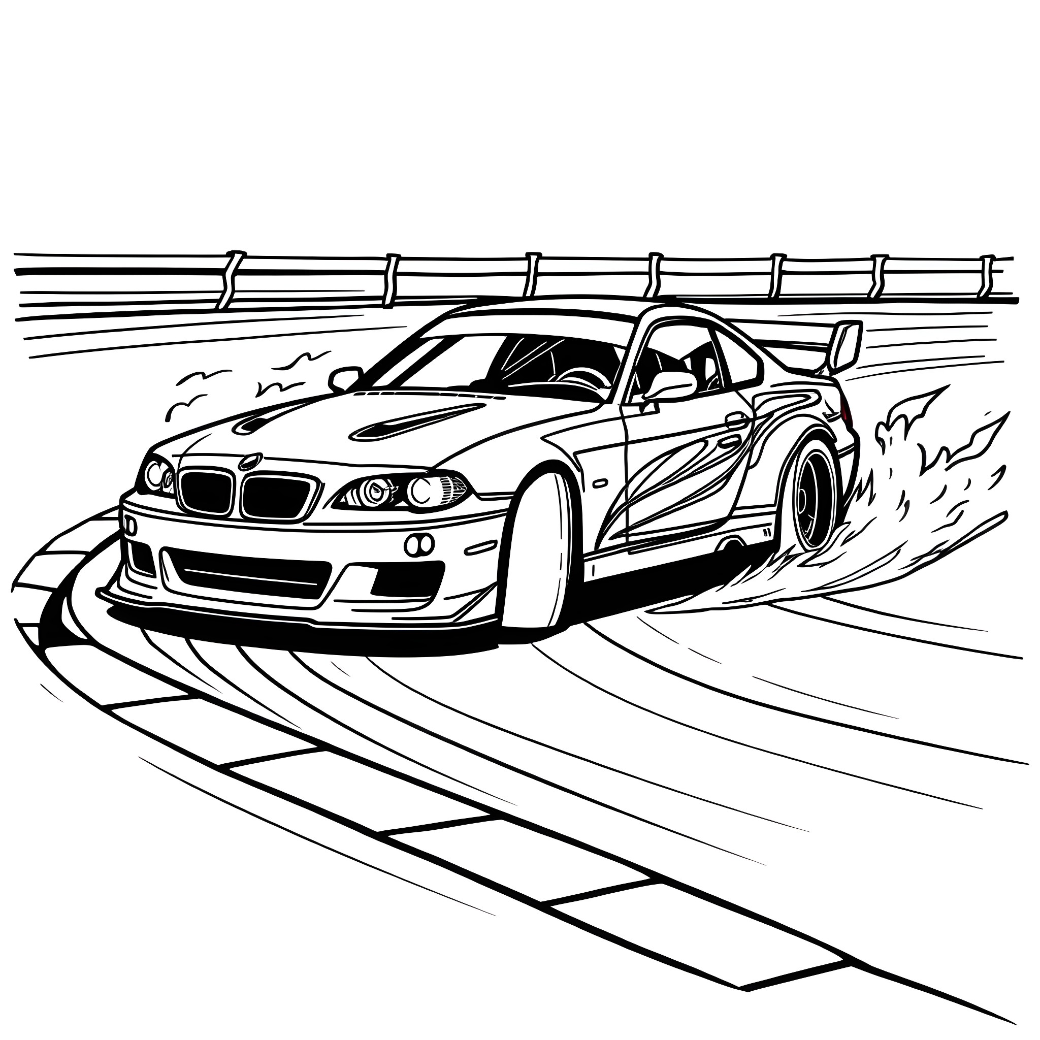 Car speeding on race track Coloring Page (free black-and-white line drawing printable PDF for all, from beginners to advanced learners, including children, teens, adults, and seniors)