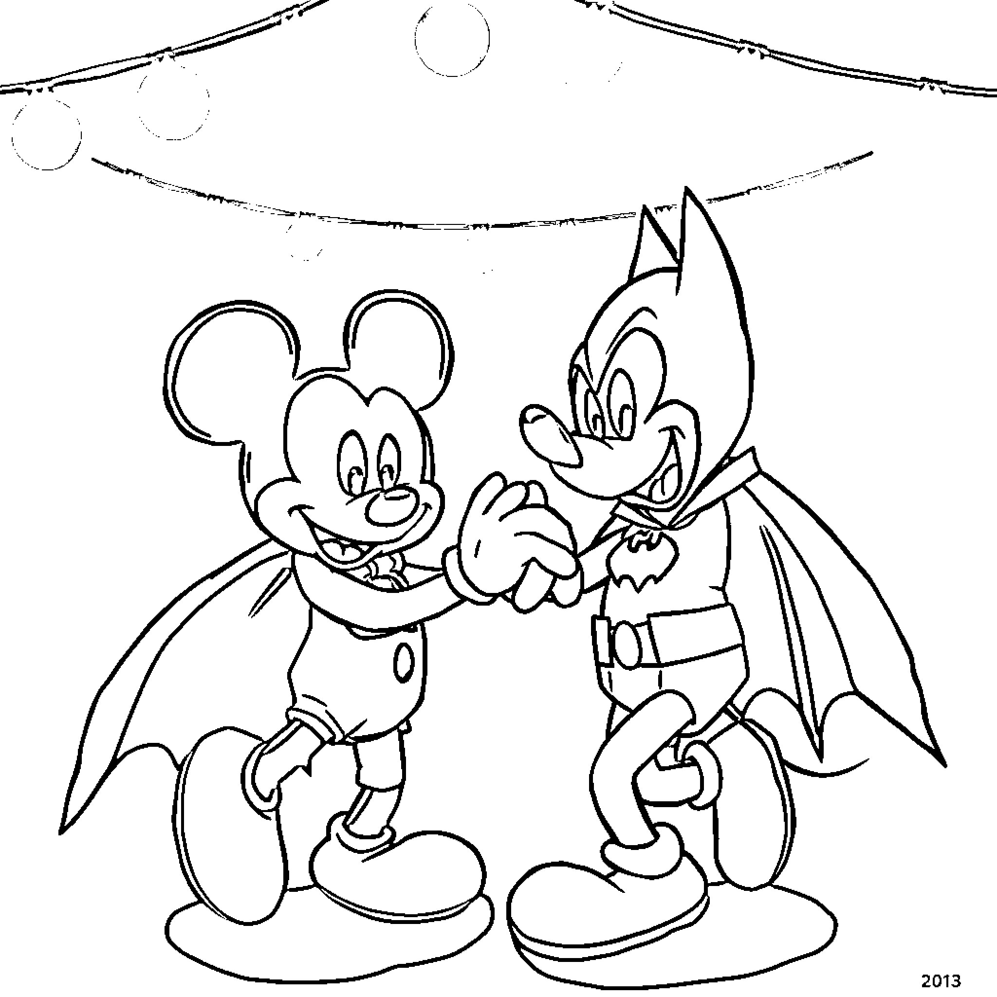 Mickey and Bat Sidekick in Whimsical Adventure Coloring Page (free black-and-white line drawing printable PDF for all, from beginners to advanced learners, including children, teens, adults, and seniors)