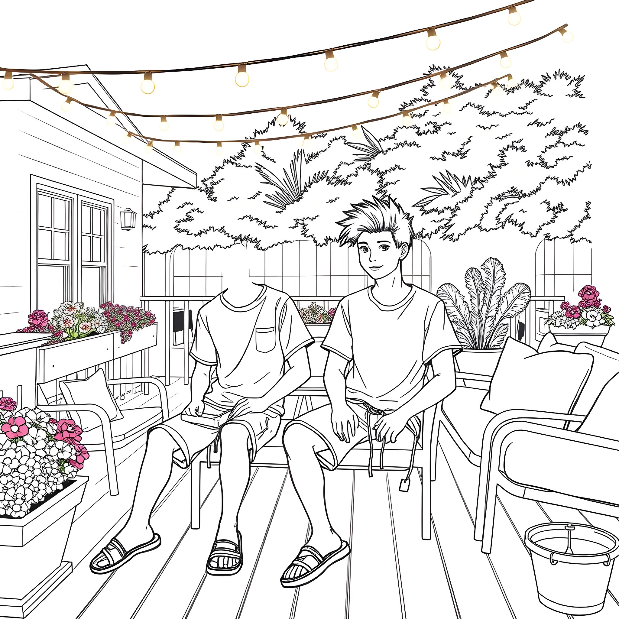 Teen Guys Relaxing in Outdoor Patio Coloring Page (free black-and-white line drawing printable PDF for all, from beginners to advanced learners, including children, teens, adults, and seniors)
