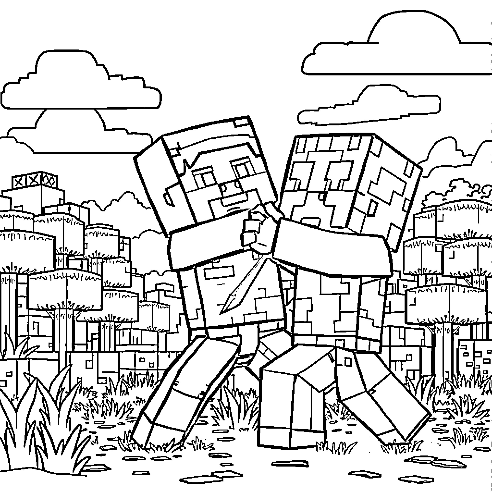 Steve exploring the blocky adventure landscape Coloring Page (free black-and-white line drawing printable PDF for all, from beginners to advanced learners, including children, teens, adults, and seniors)