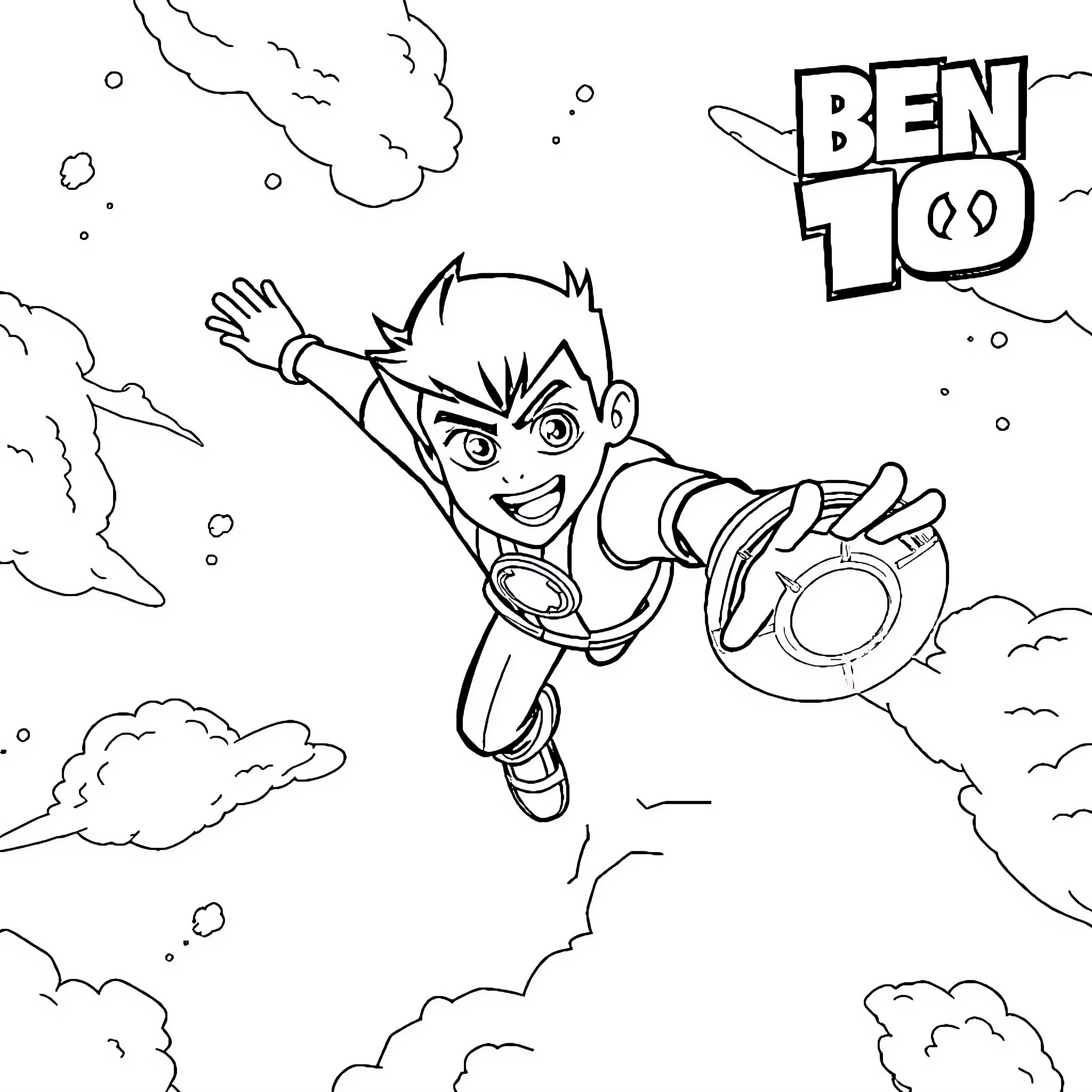 Ben 10 soaring through the sky with excitement Coloring Page (free black-and-white line drawing printable PDF for all, from beginners to advanced learners, including children, teens, adults, and seniors)