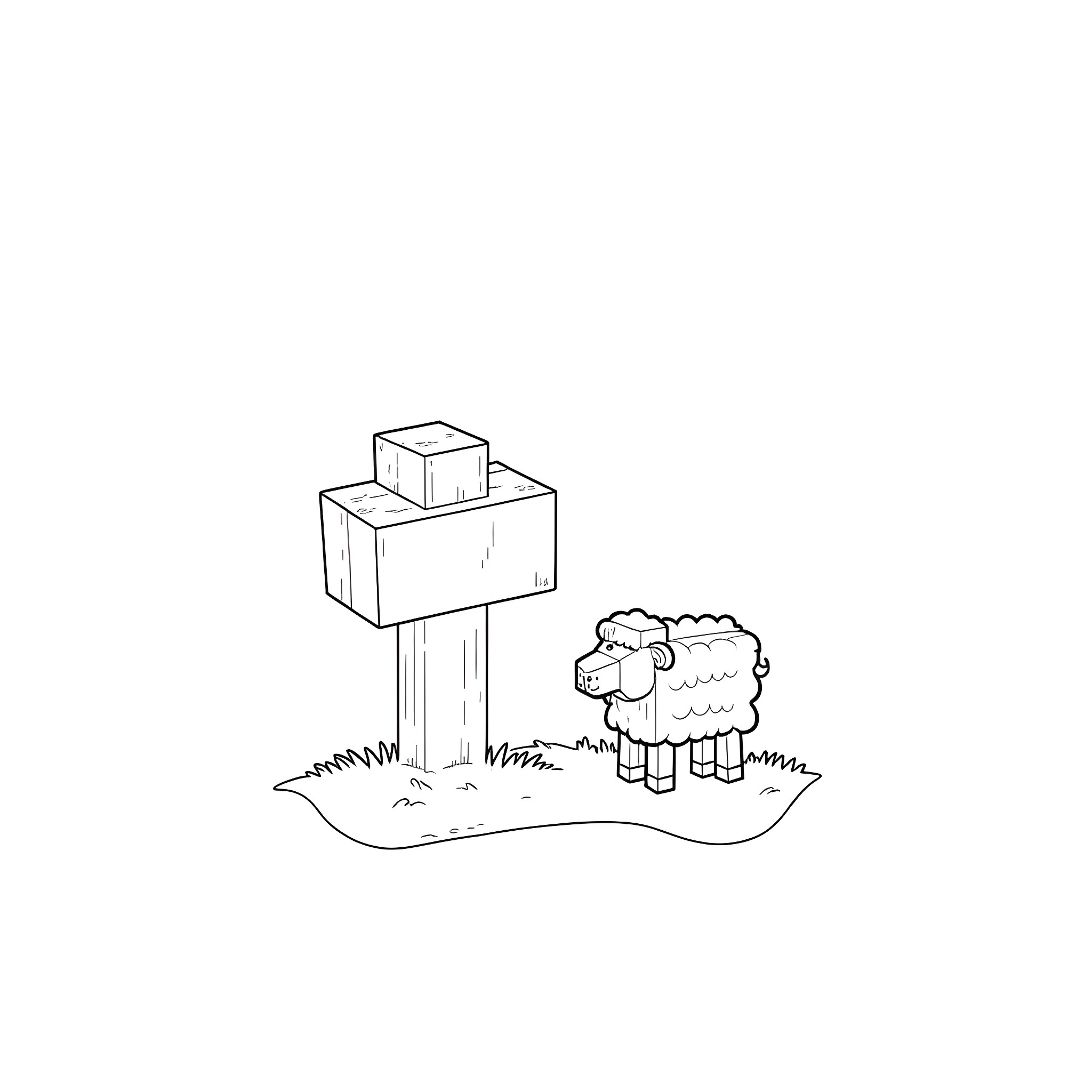 Sheep playing near wooden structure Coloring Page (free black-and-white line drawing printable PDF for all, from beginners to advanced learners, including children, teens, adults, and seniors)