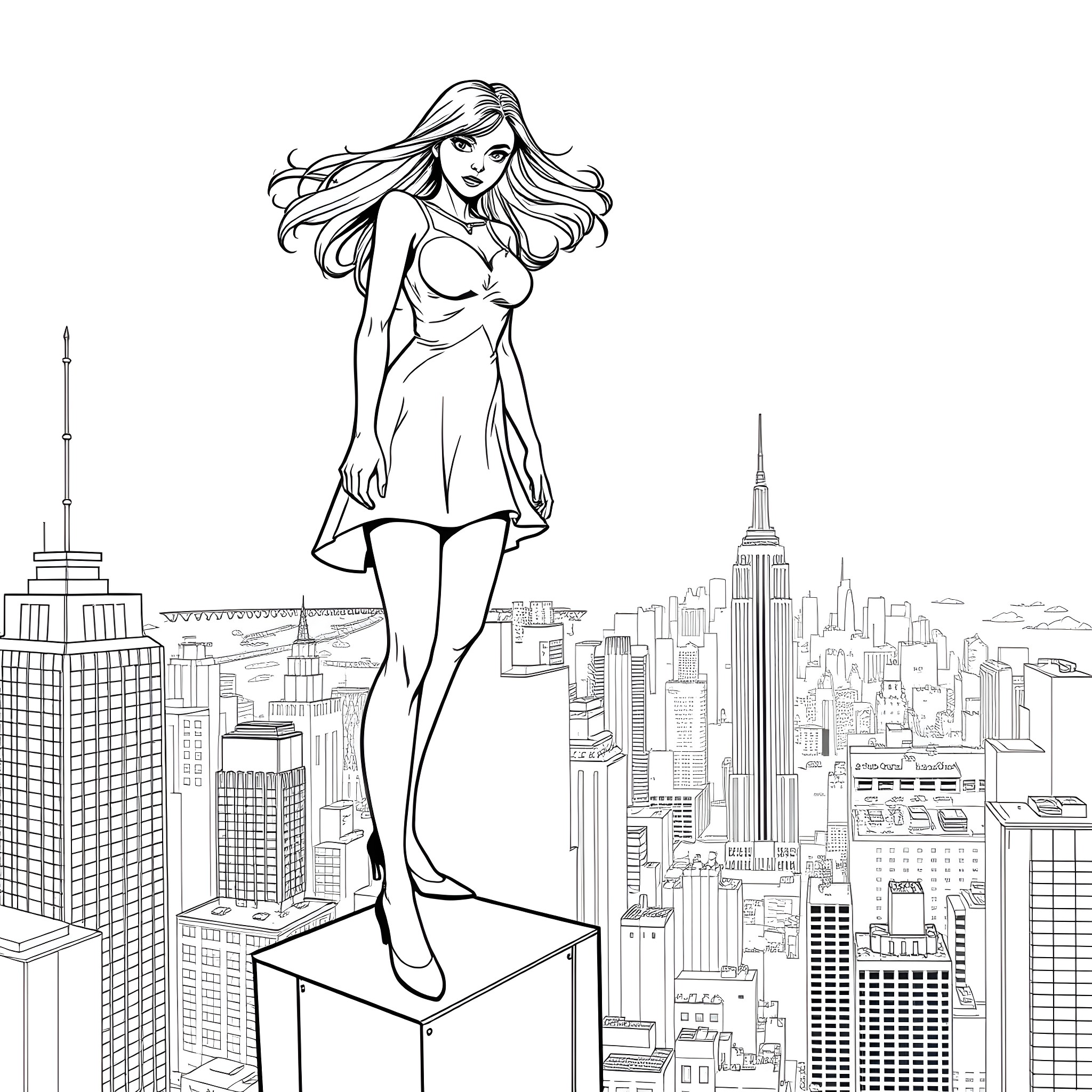 Gwen Stacey overlooking the cityscape Coloring Page (free black-and-white line drawing printable PDF for all, from beginners to advanced learners, including children, teens, adults, and seniors)