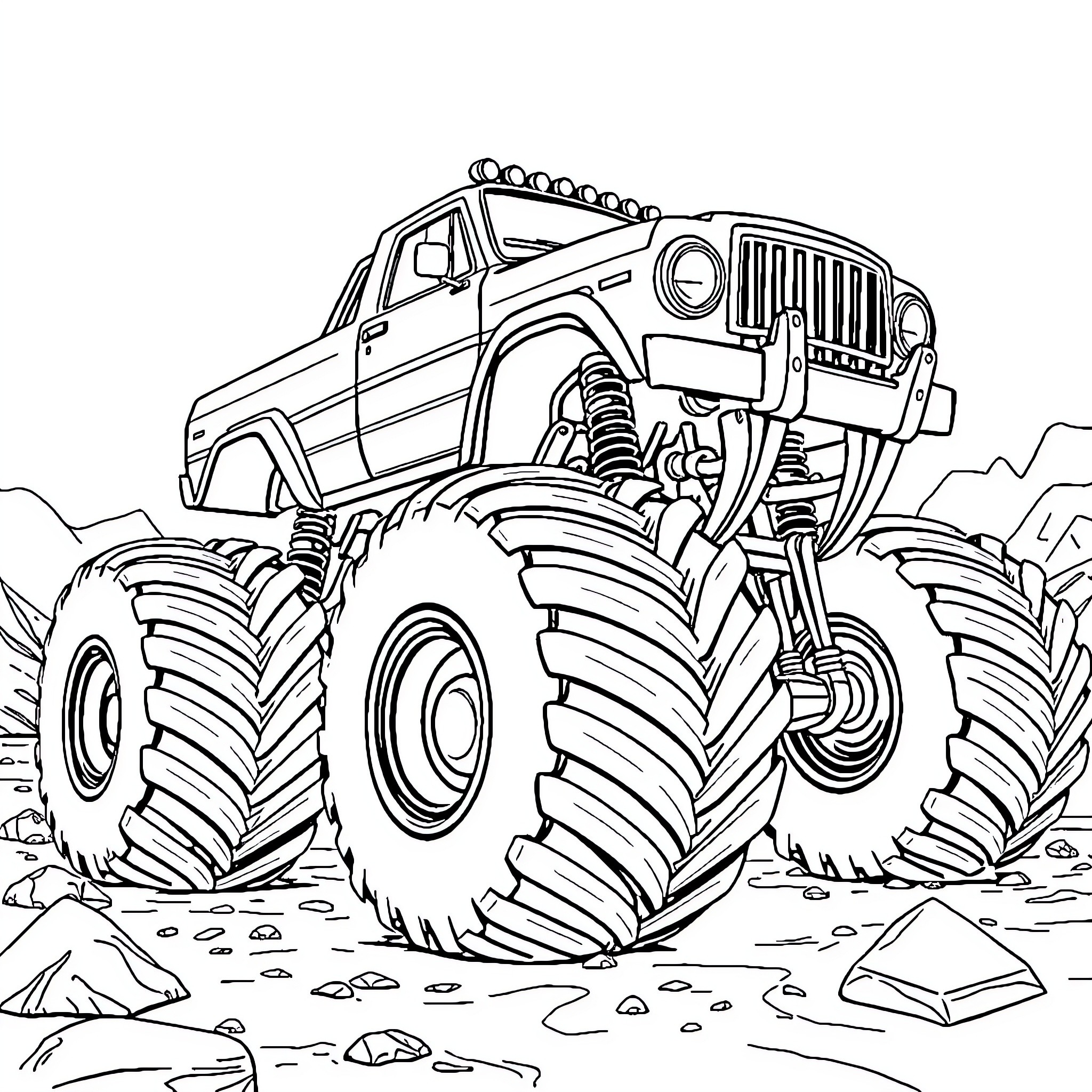 Monster Truck traversing rugged terrain Coloring Page (free black-and-white line drawing printable PDF for all, from beginners to advanced learners, including children, teens, adults, and seniors)